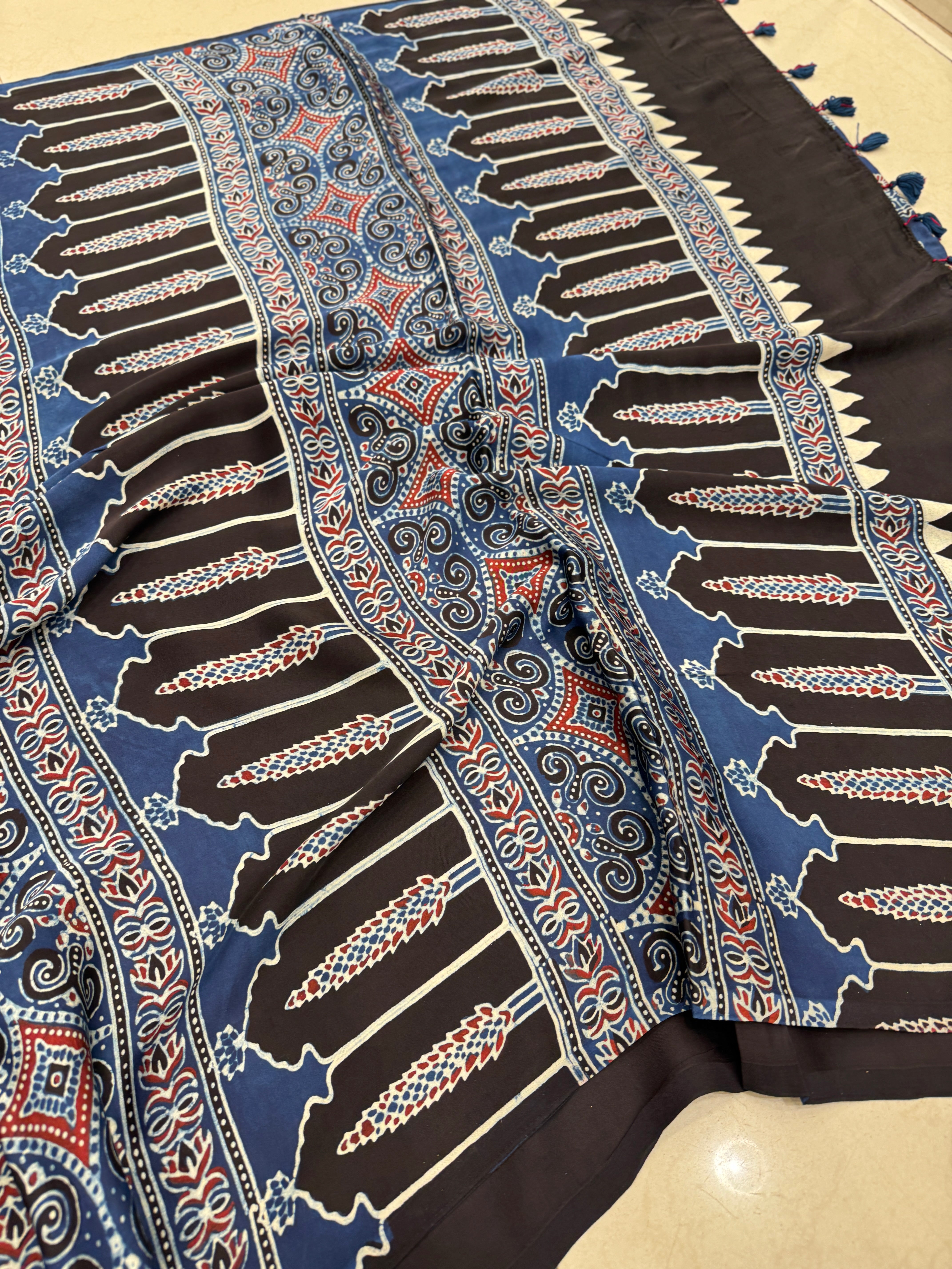 Blue Floral Buttas Hand Block Print Ajrkah Pure Gajji Silk Saree