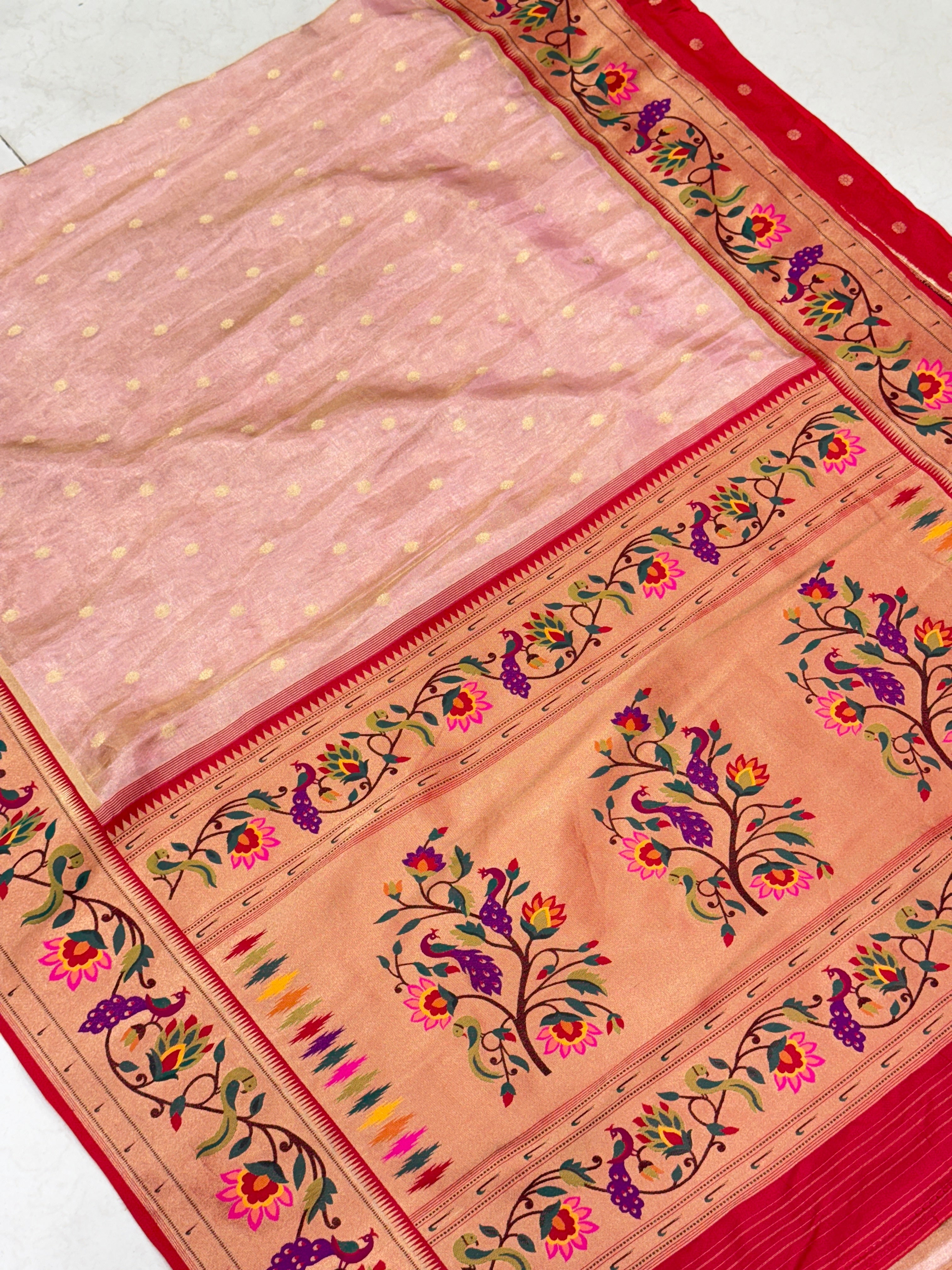 Pink Tissue Paithani Peacock Border Saree