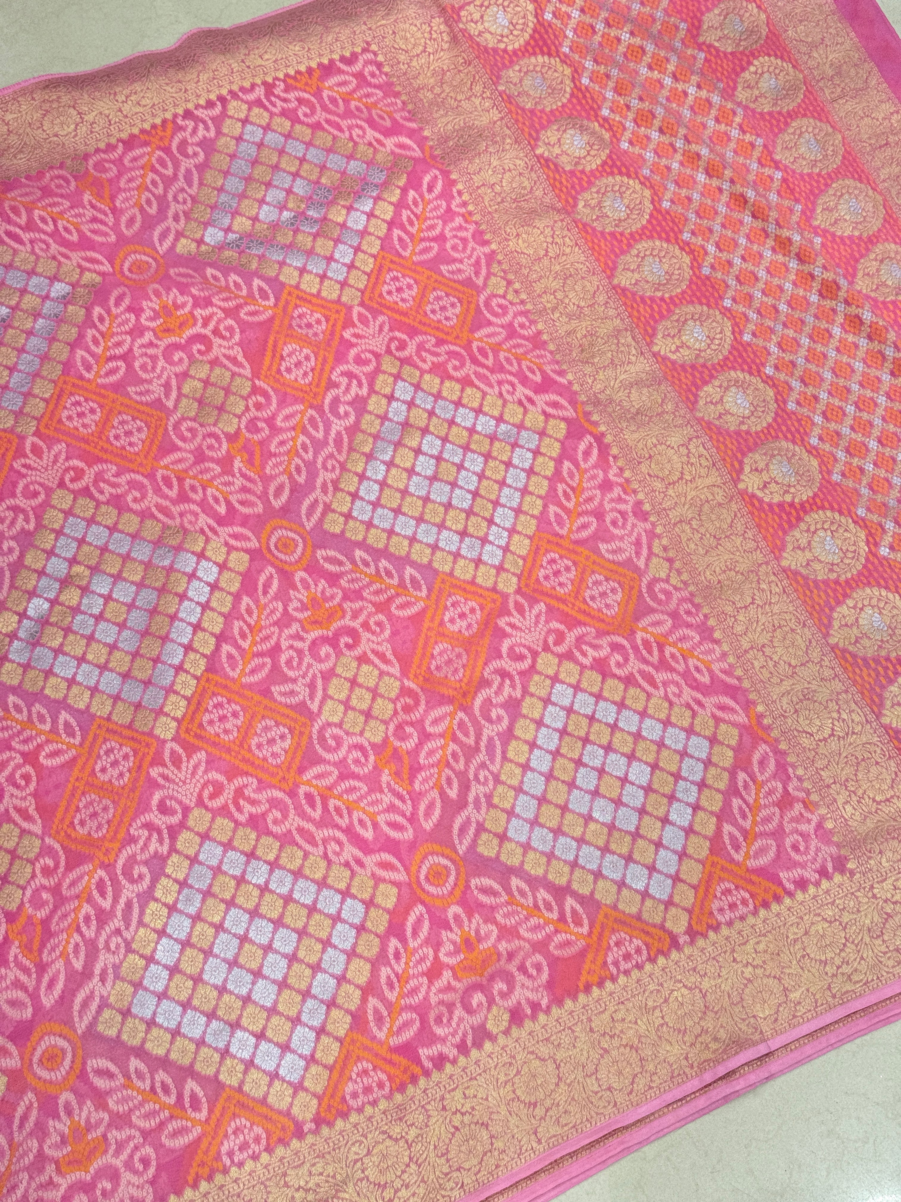 Pink Woven Bandhej Sona Roopa Georgette Saree with contrast Blouse