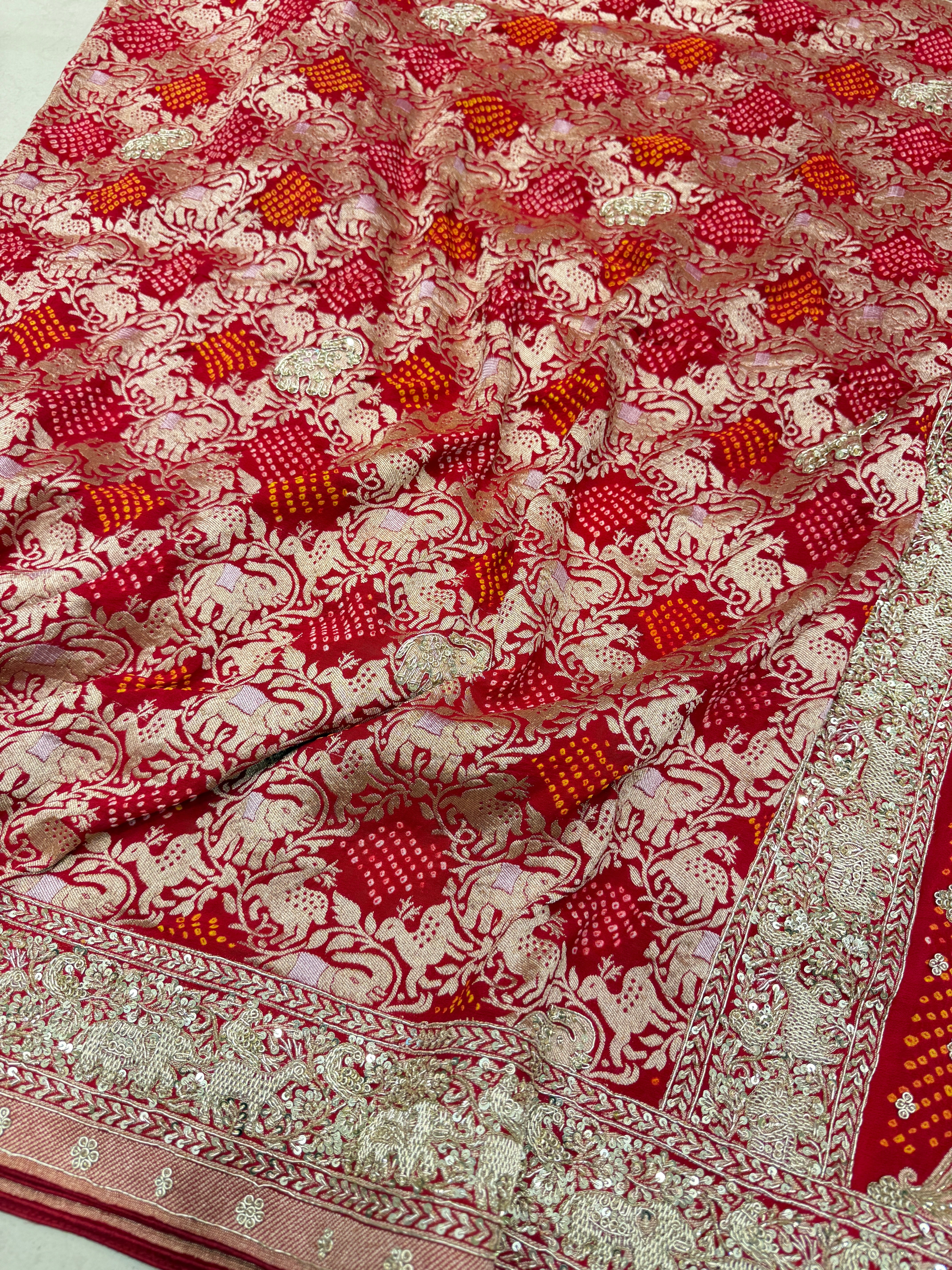 Red Shikara Sona Roopa Rai Bandhej Georgette Zardosi Hand Embroidery Saree