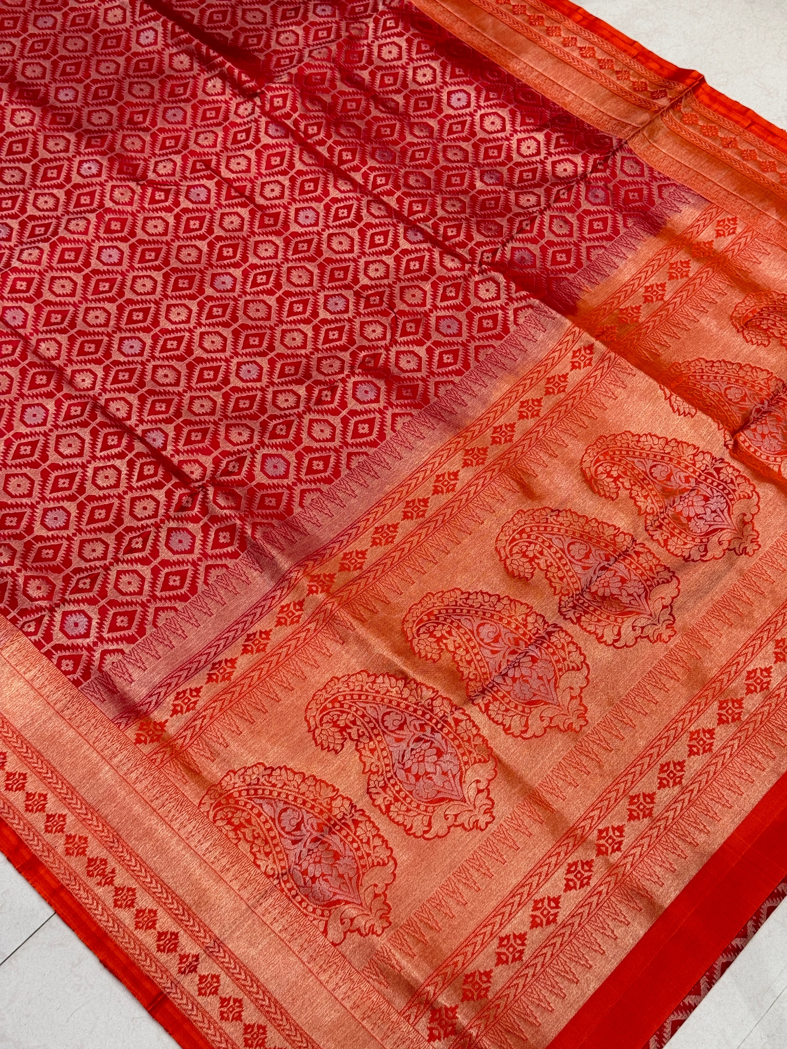 Red Orange Patola Design Inspired Handloom Kanchipuram Pure Silk Saree