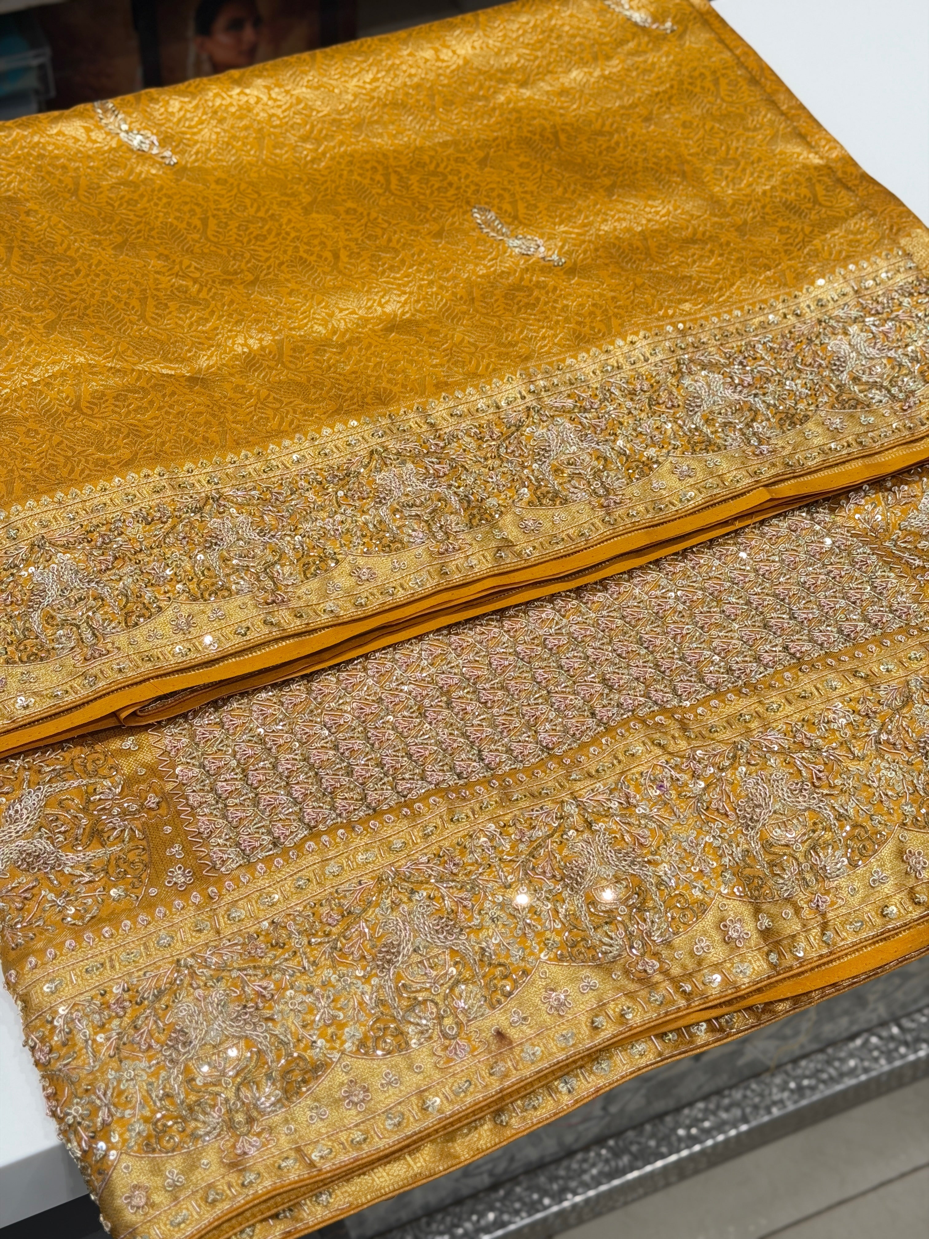 Mustard Yellow Kanjivaram Peacock Moti Hand Embroidery Zardosi Saree