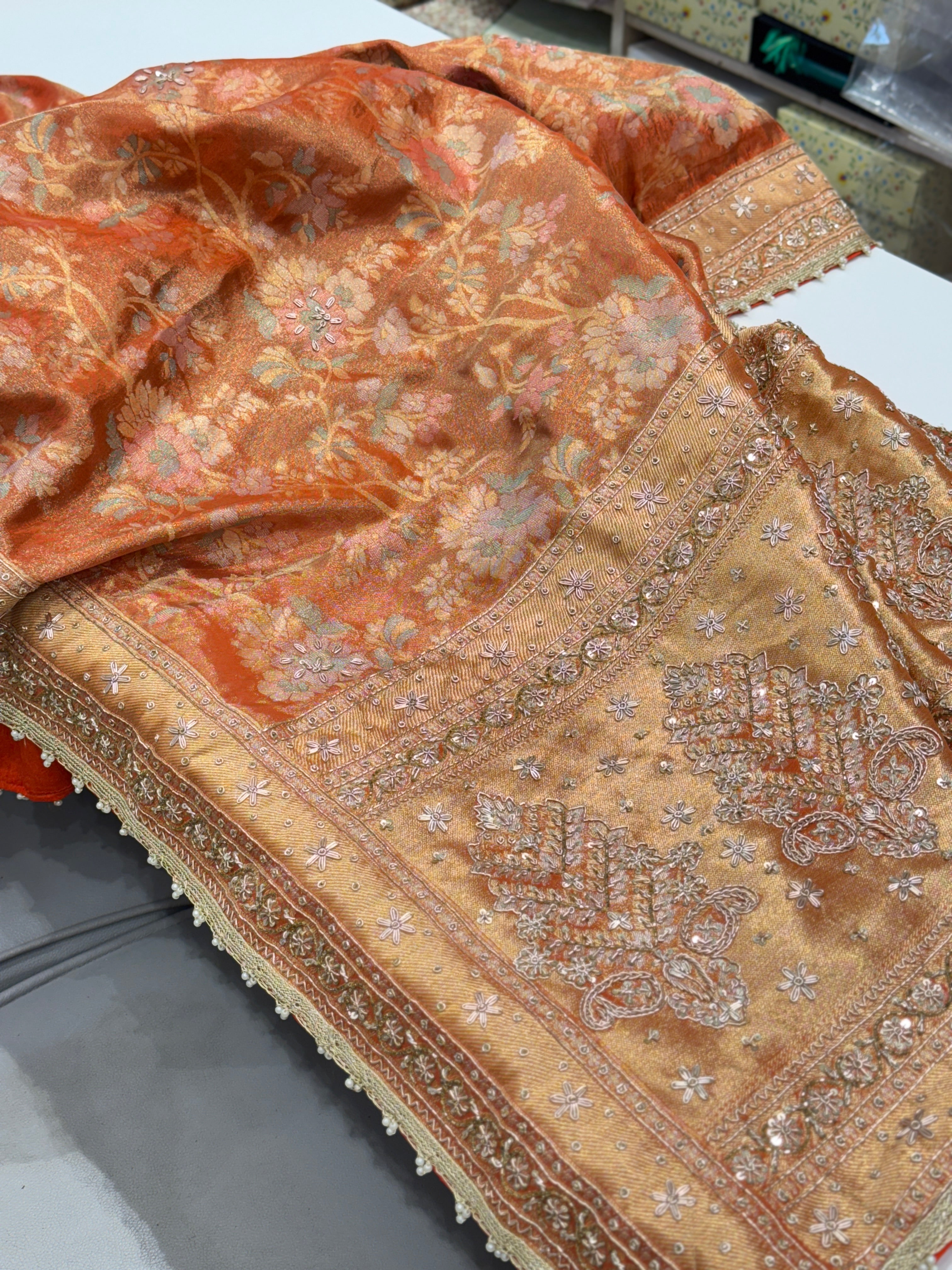 Rust Orange Meenakari Tissue Zardosi Embroidery Saree