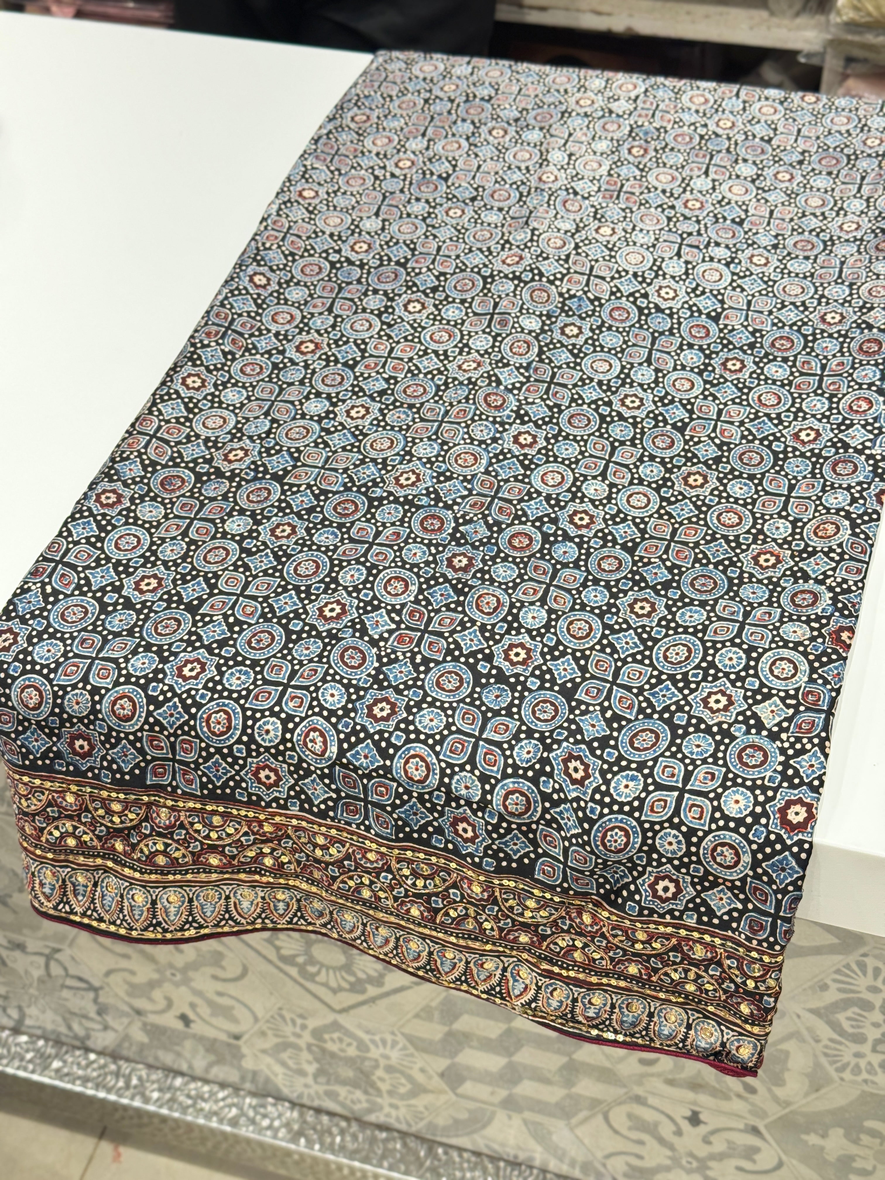 Blue Black Pita Zardosi Sequin Ajrakh Hand Embroidery Saree