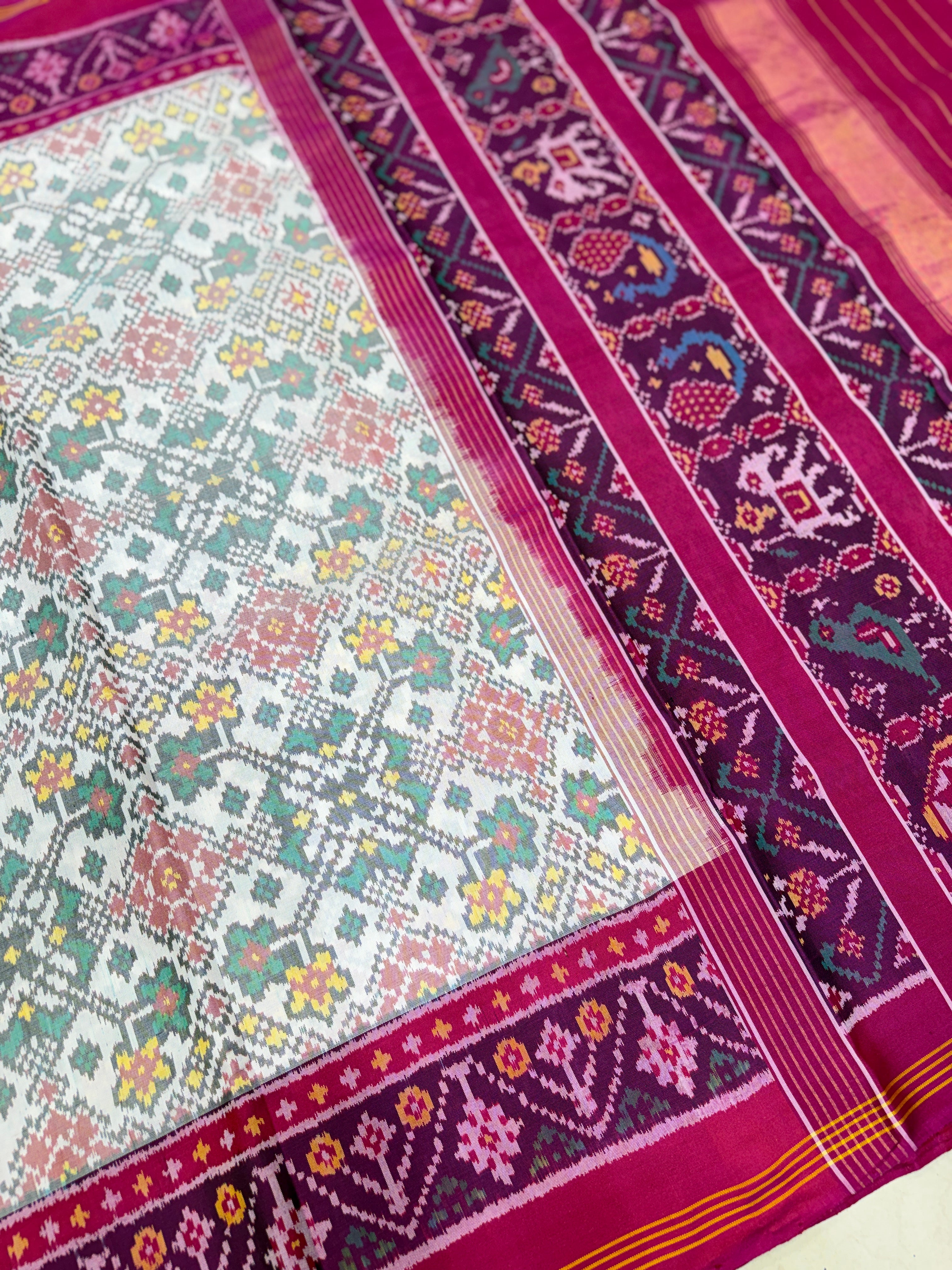 White Rani Navratna Patan Patola Handloom Pure Silk Saree