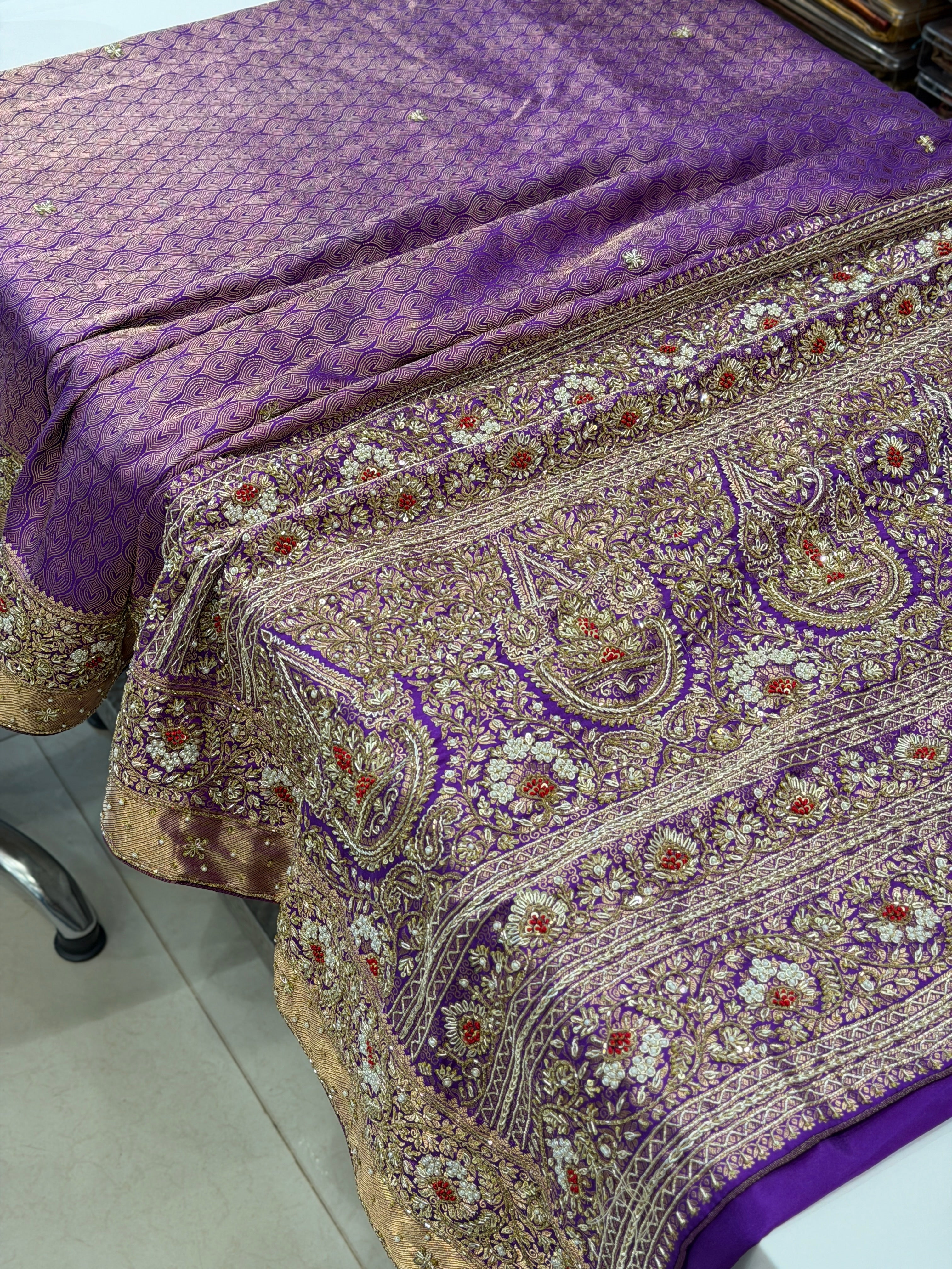 Violet Kanjivaram Floral Jaal Zardozi Hand Embroidery Saree