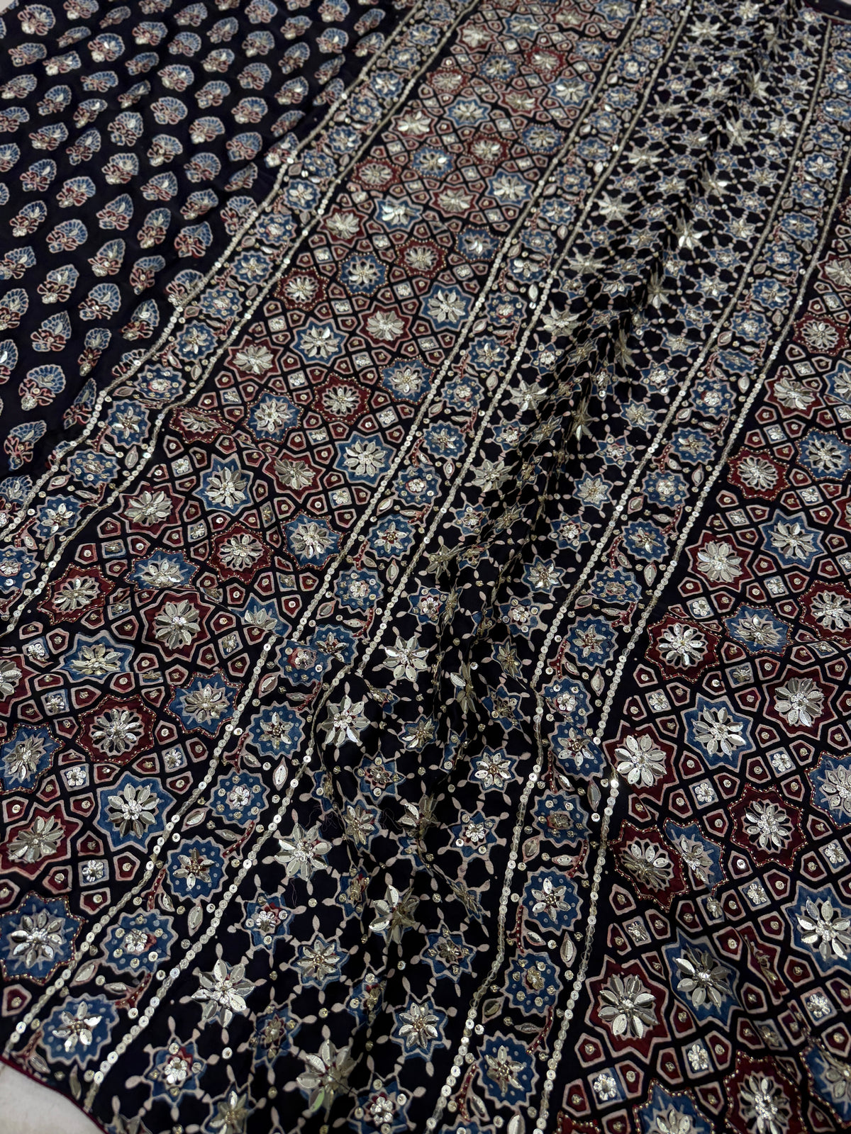 Black Keri Butti Ajrakh Sequin Moti Hand Embroidery Saree