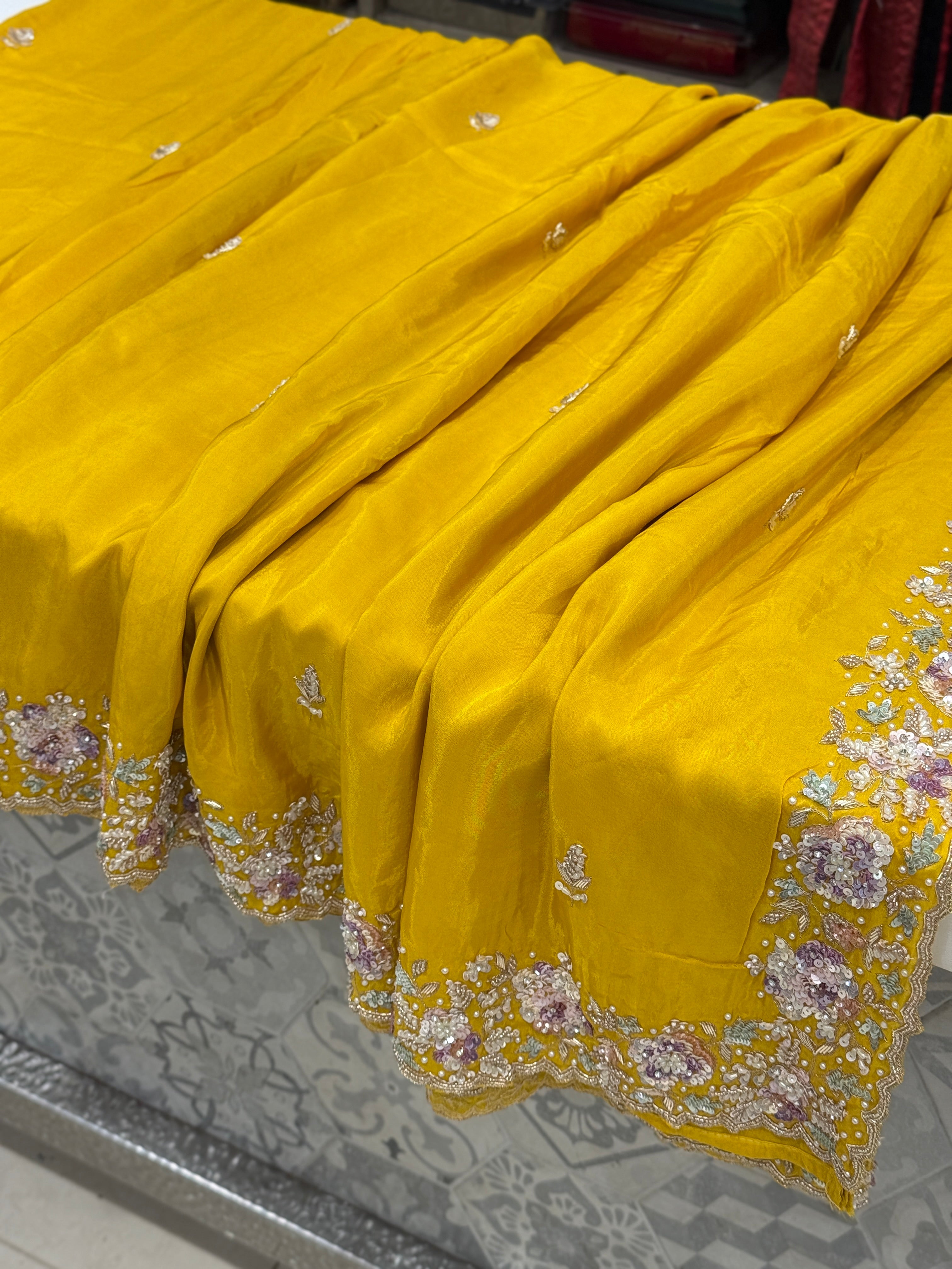 Yellow Soft Silk Zardosi Fancy Hand Embroidery Saree
