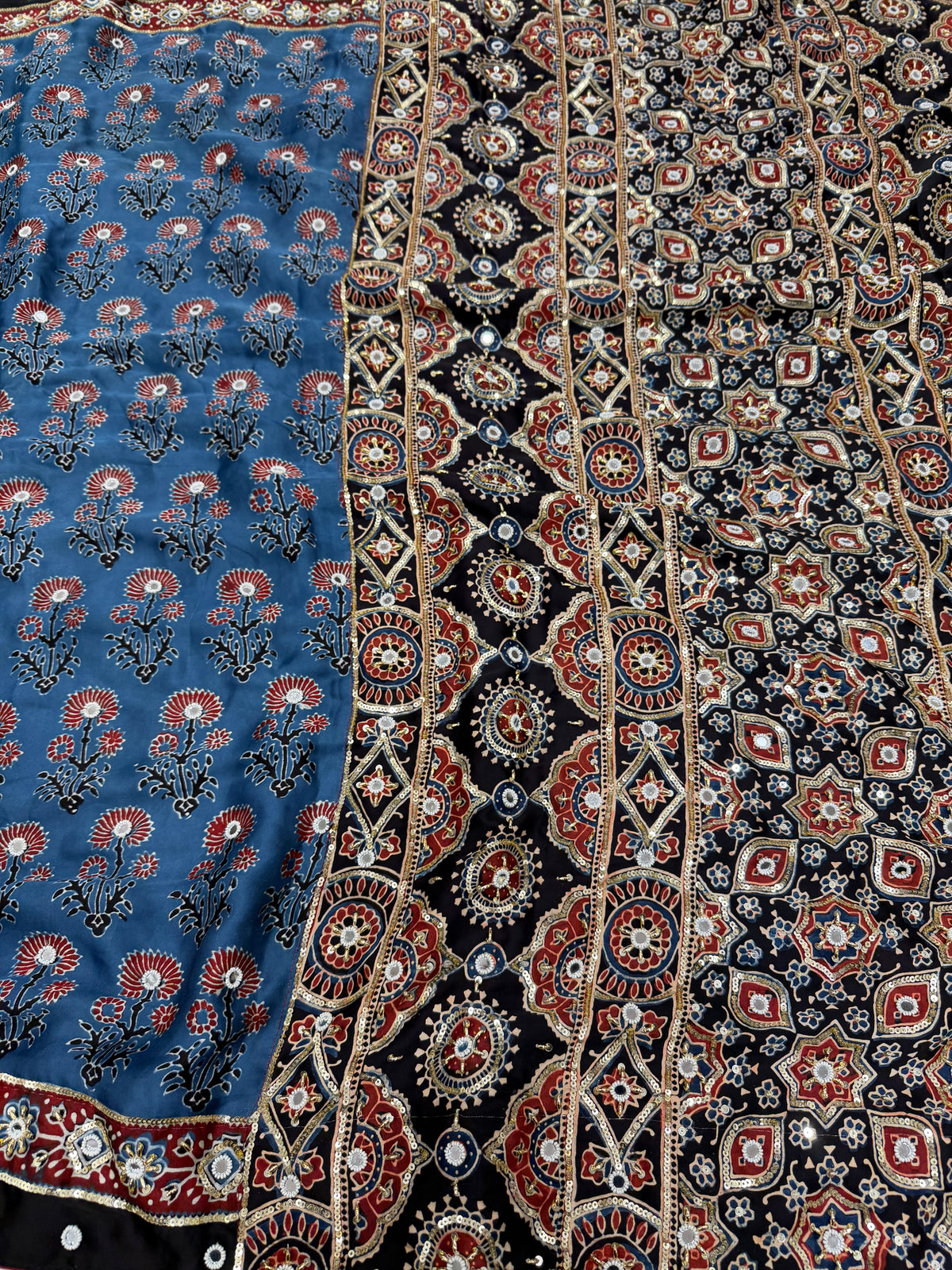Blue Black Butta Ajrakh Real Mirror Moti Sequin Hand Embroidery Saree
