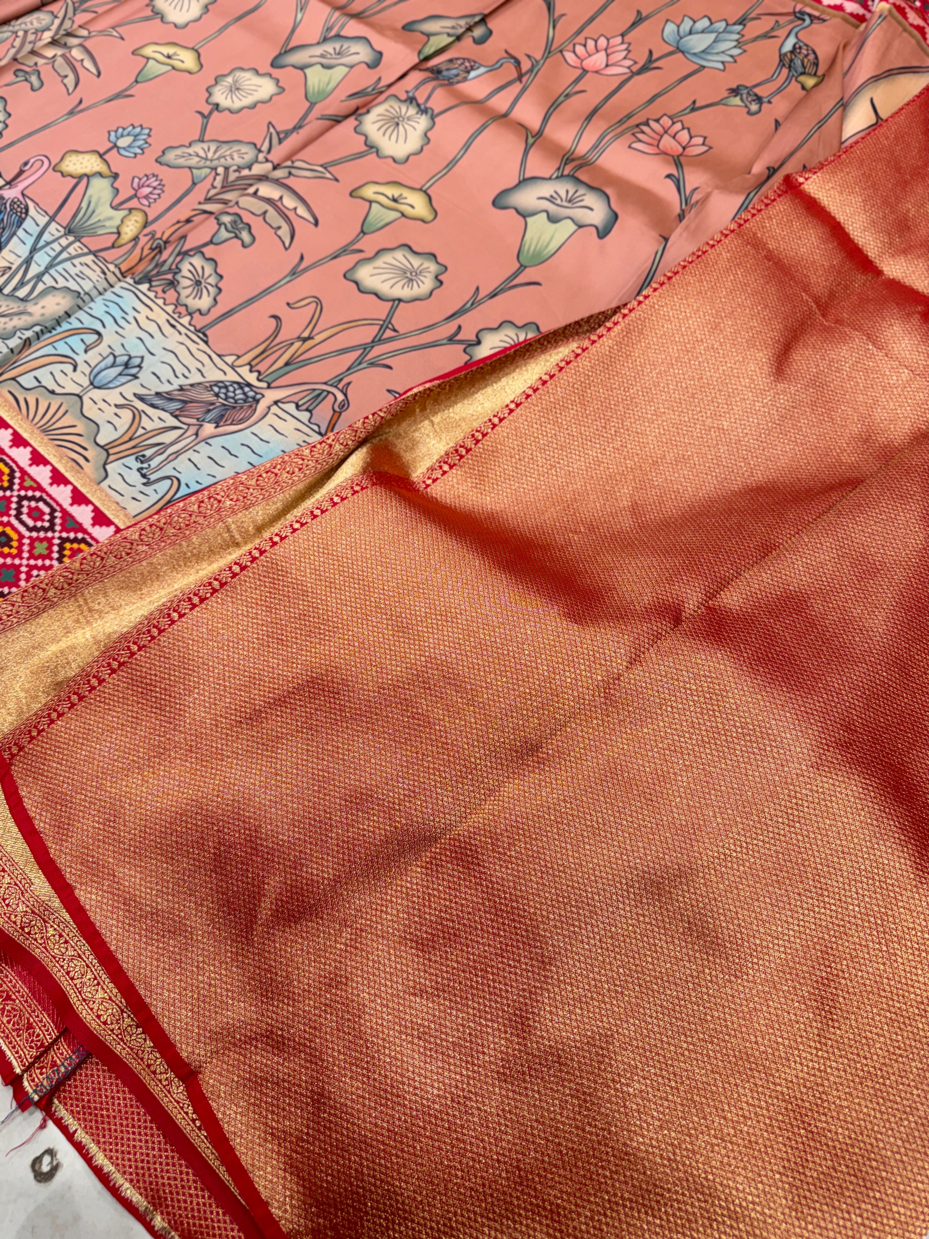 Pink Kalamkari Print Patola Weaved Soft Silk Saree