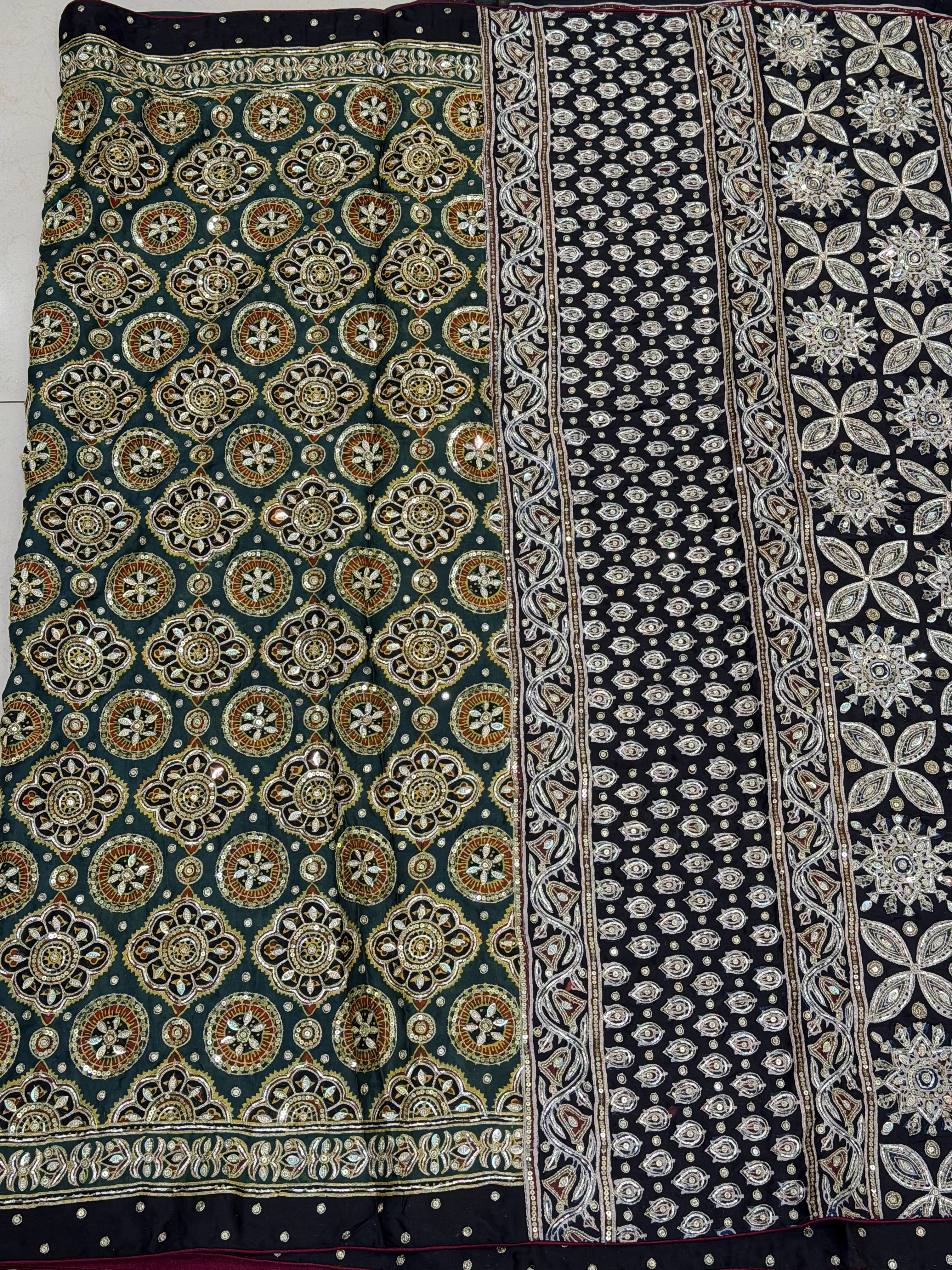 Green Jaal Pita Zardosi Sequin Ajrakh Hand Embroidery Saree
