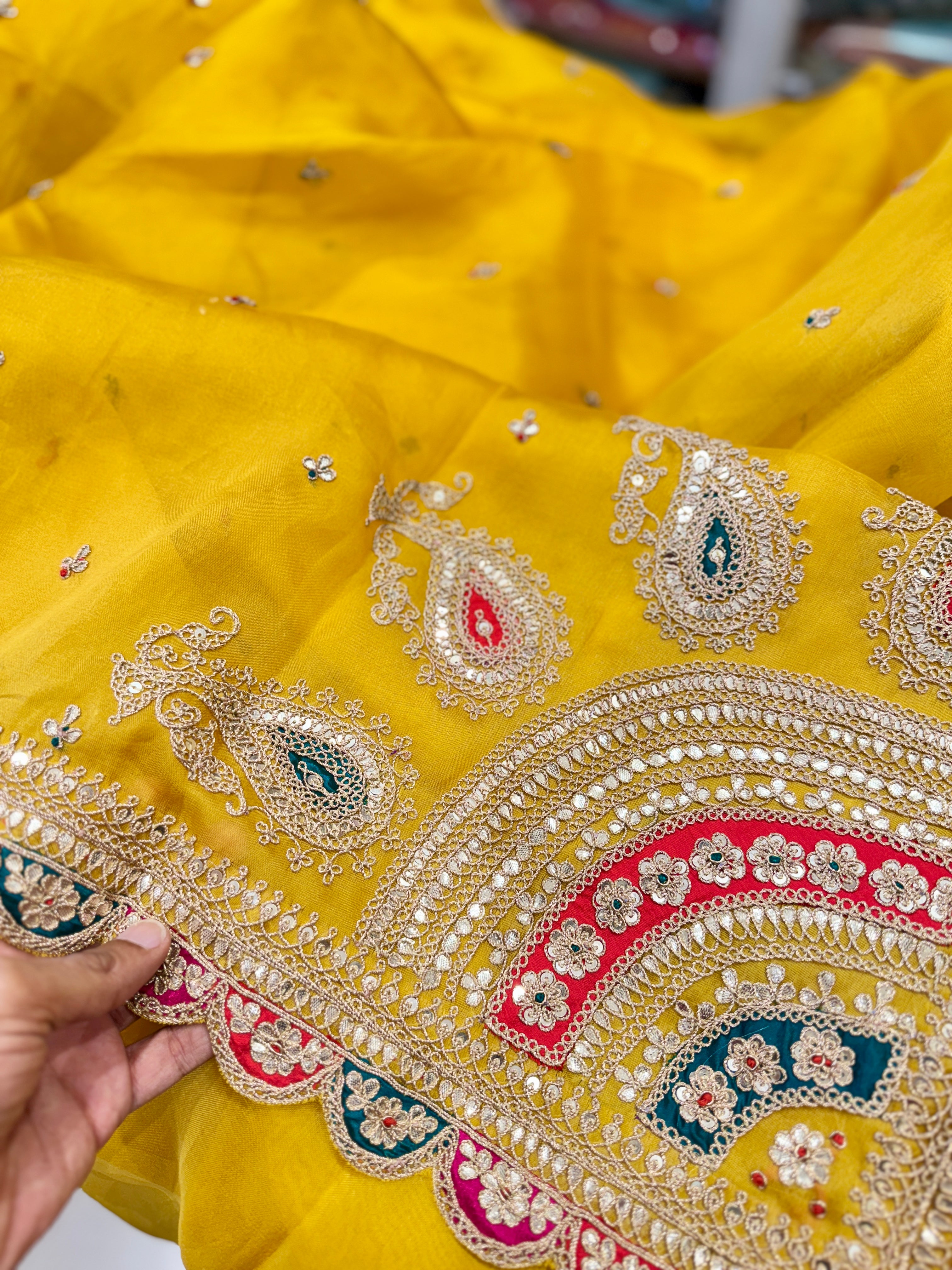 Yellow Organza Marodi Gotapatti Embroidery Saree