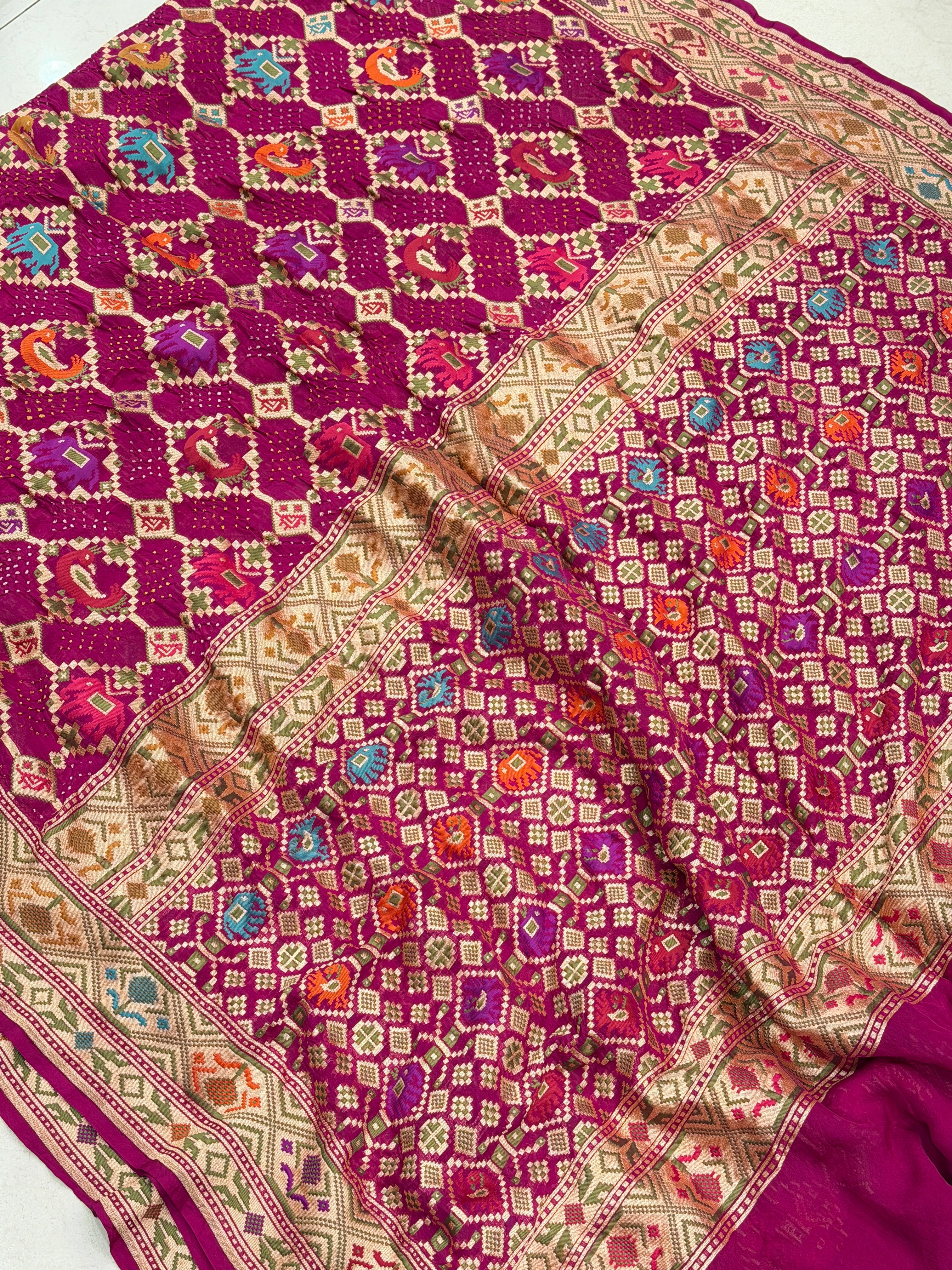Wine Meenakari Pure Handloom Patola Style Rai Bandhej Georgette Saree