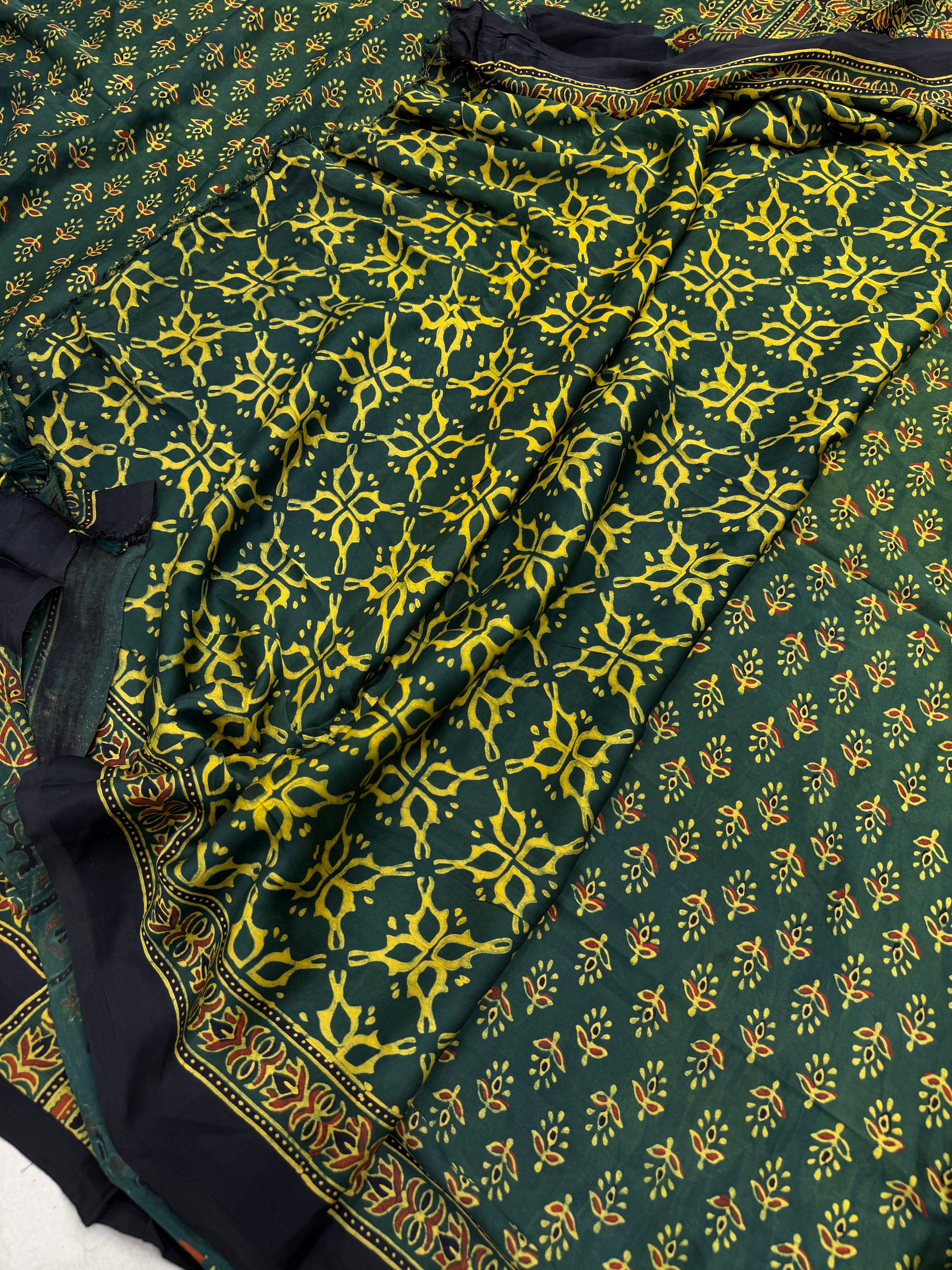 Bottle Green Buttis Ajrakh Hand Block Print Pure Gajji Silk Saree