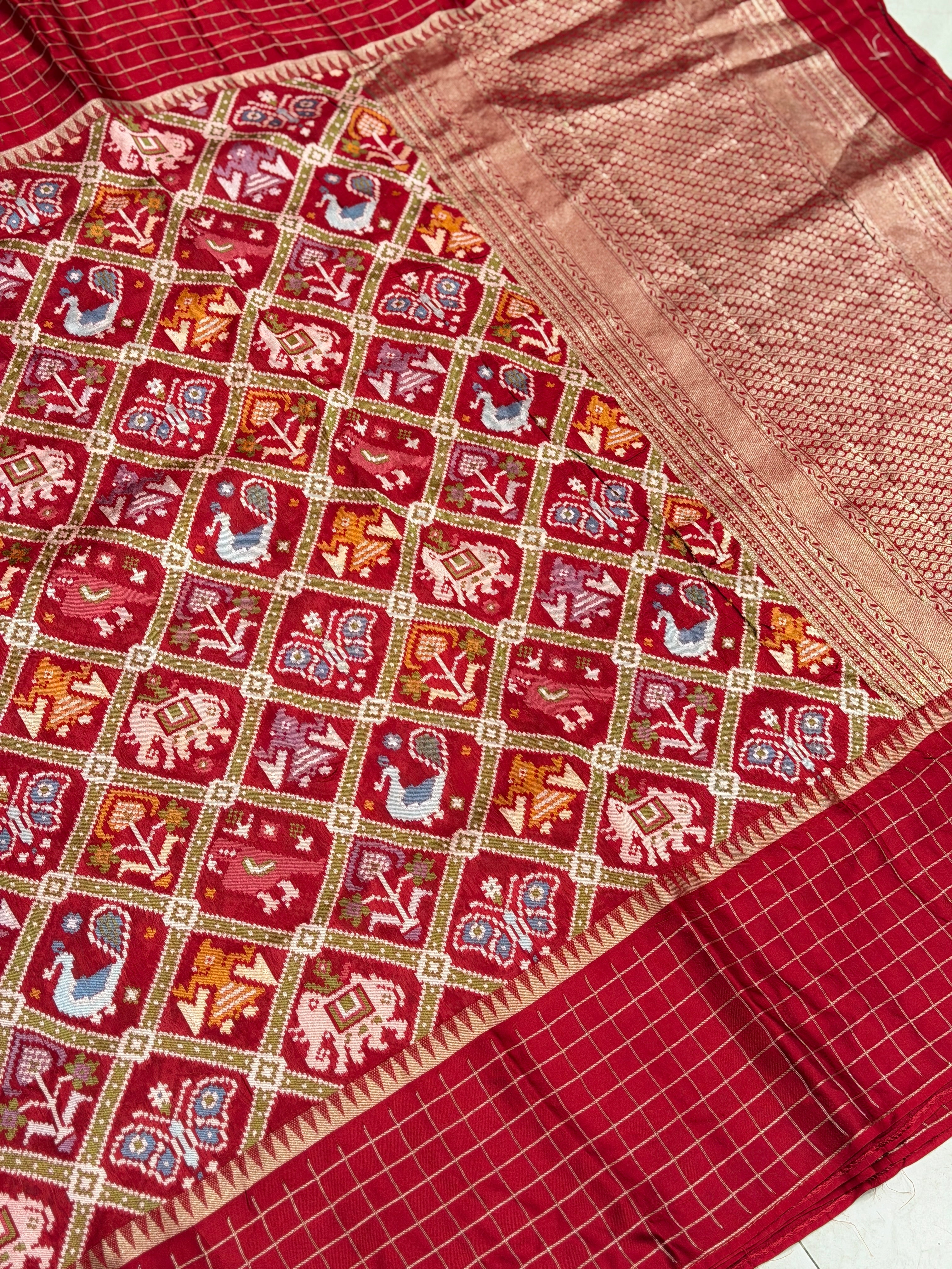 Red Munga Silk Patola Kanchi Style Checkered Border Fusion Saree