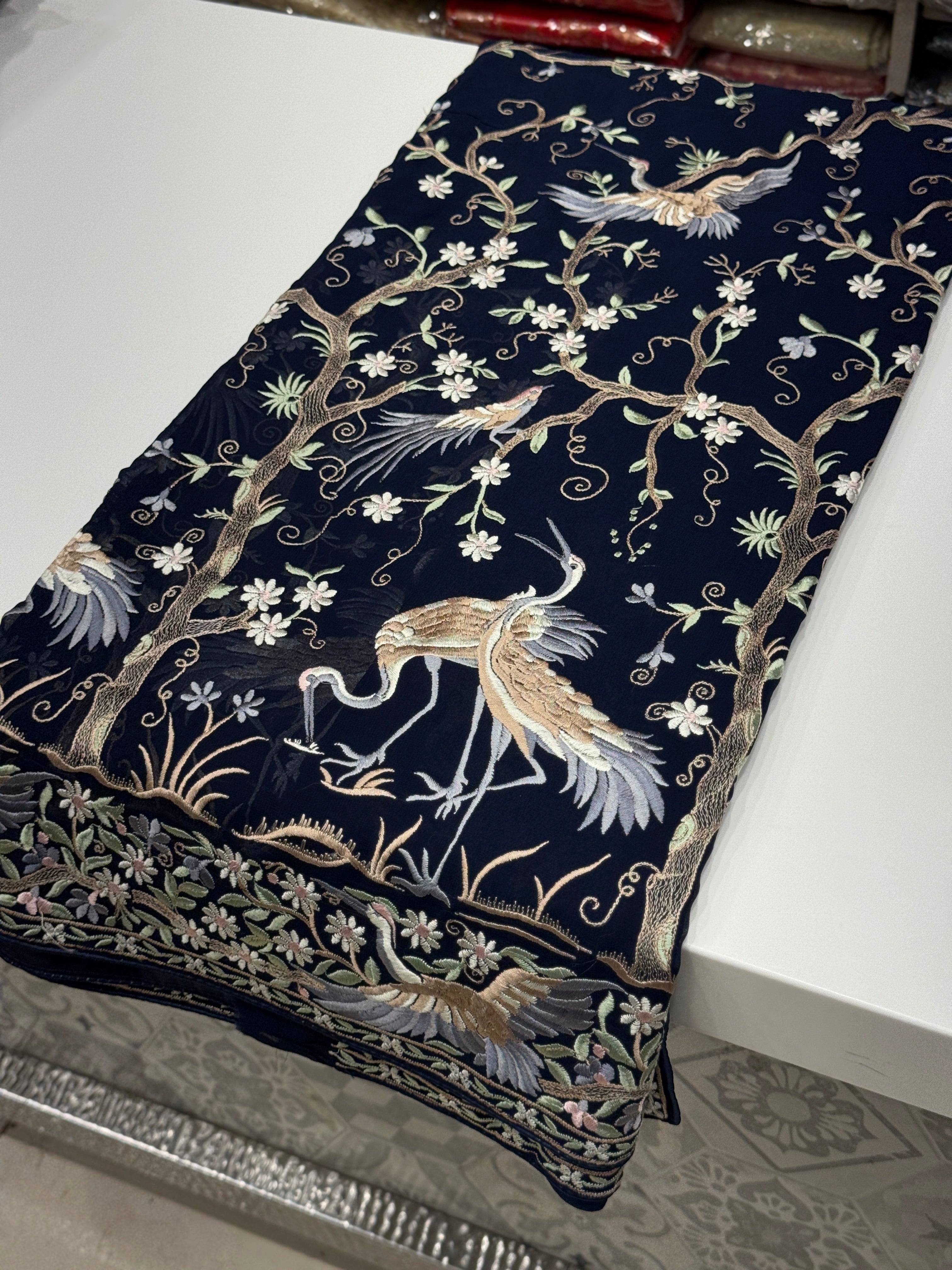 Blue Tree Of Life Flamingo Parsi Gara Saree