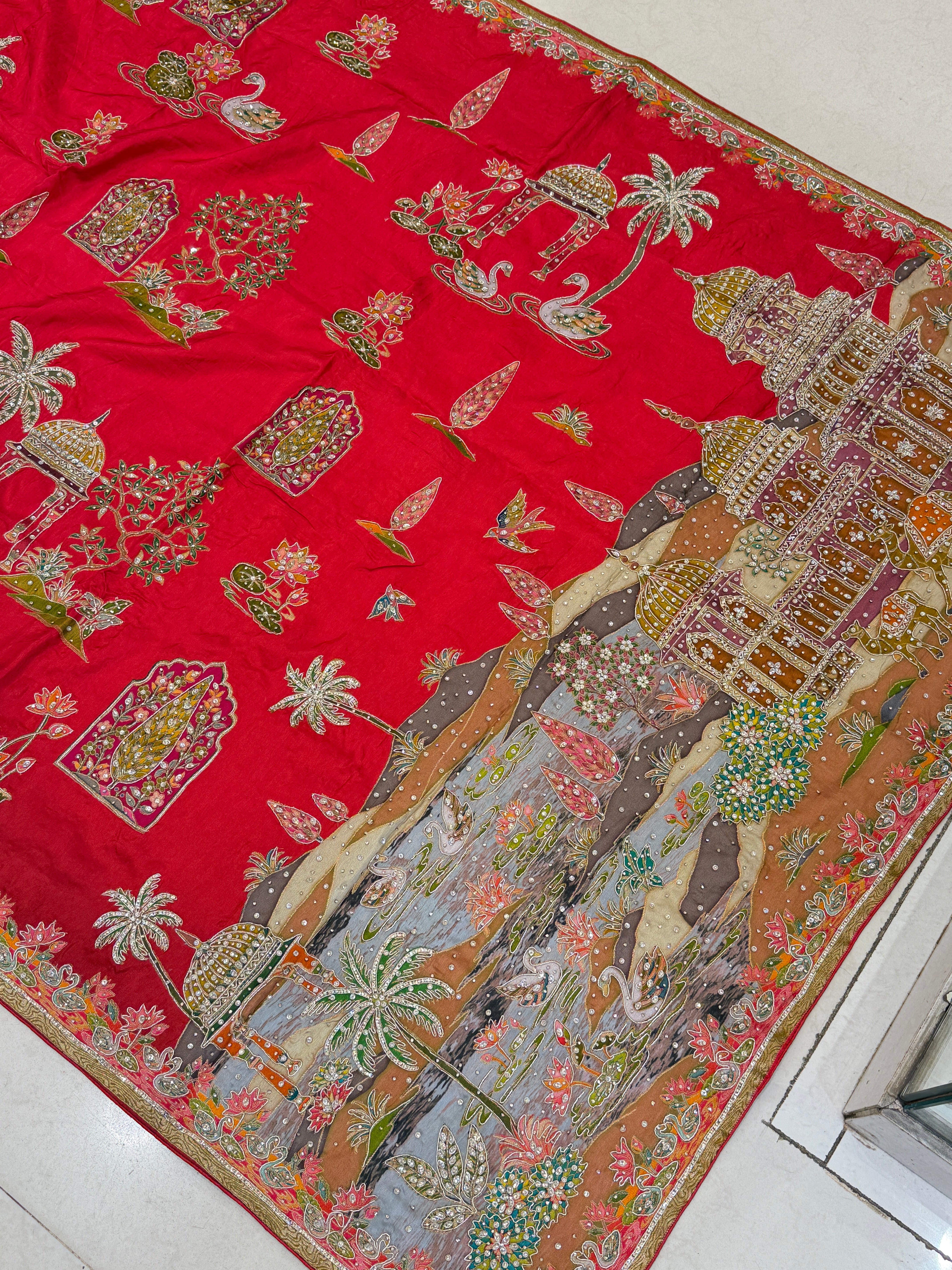 Red Pashmina Inspired Fauna Theme Hand Embroidery Banarasi Munga Saree