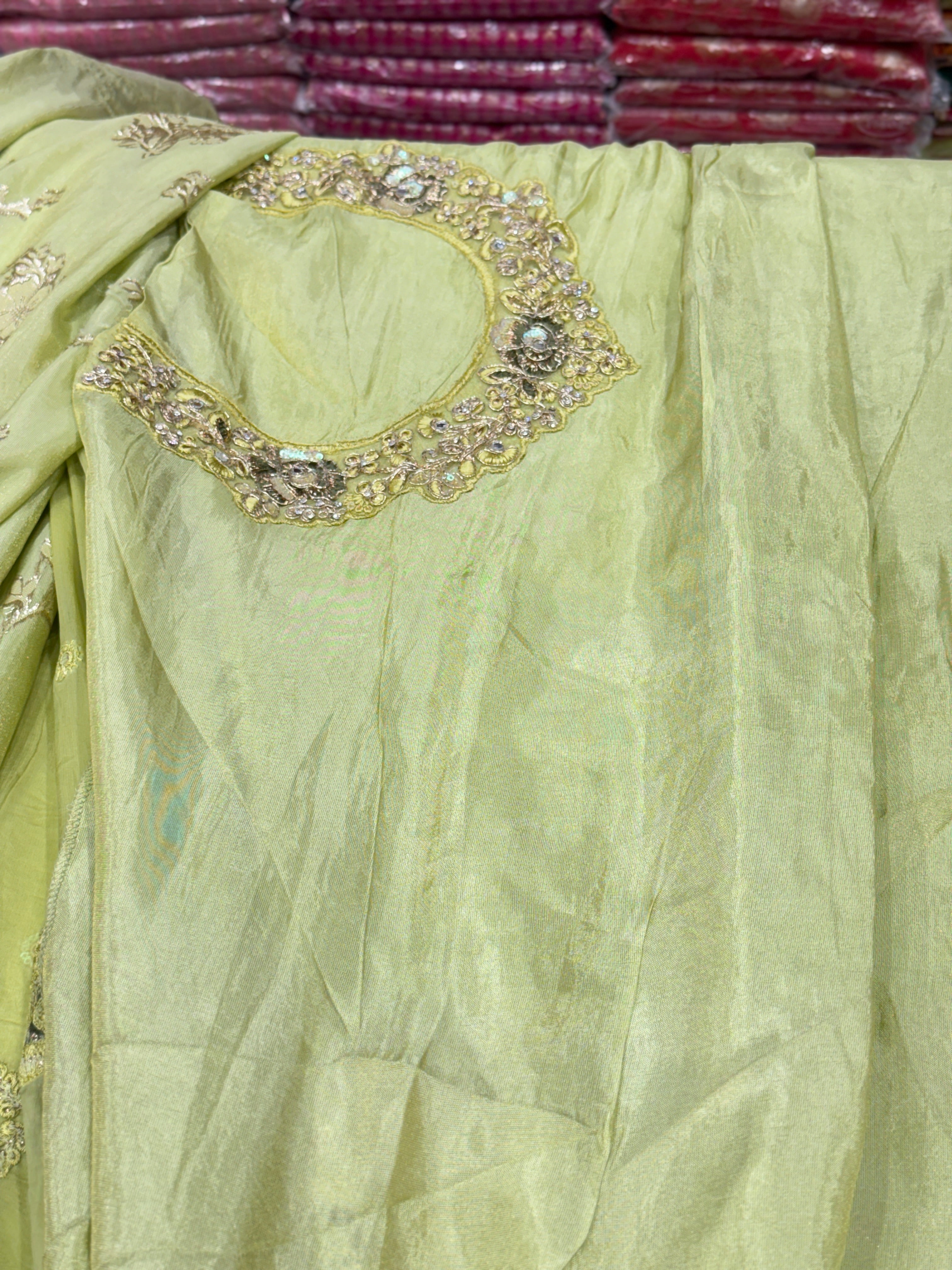 Pista Crepe Tissue Embroidery Saree