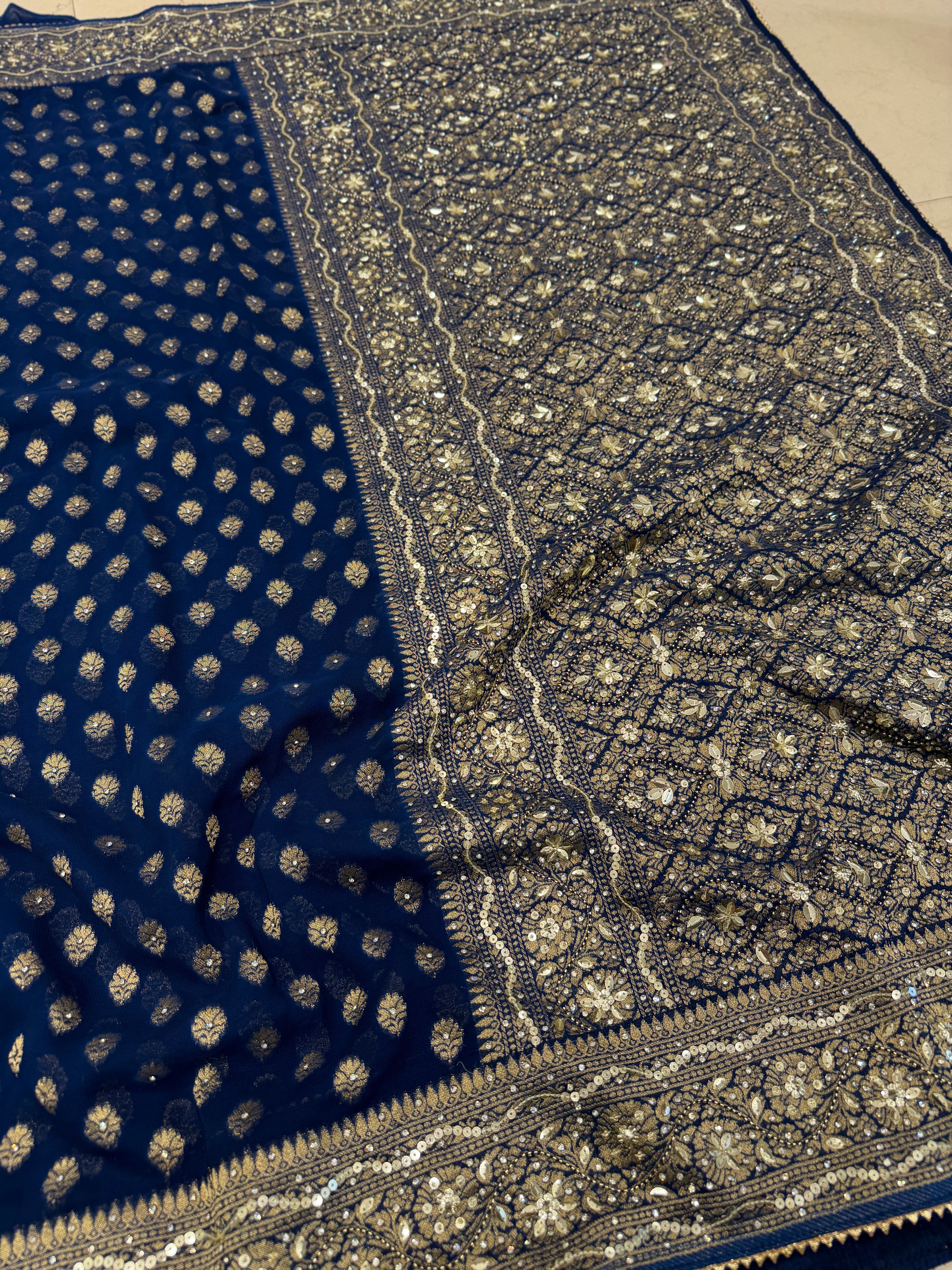 Blue Banarasi Khaddi Georgette Butti Hand Embroidery Sequin Stone Saree