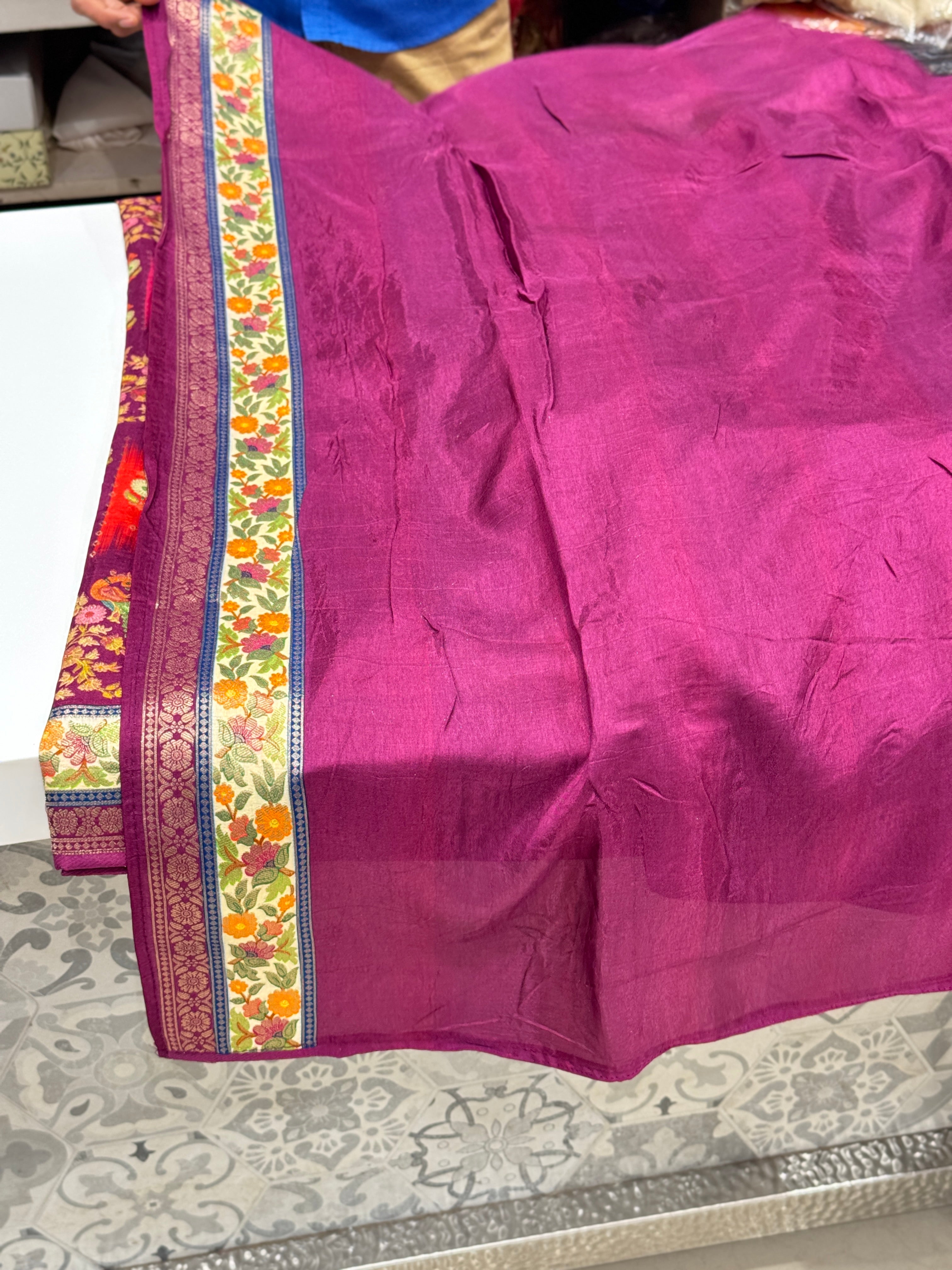 Wine Peacock pattern Pashmina Style Silk Saree