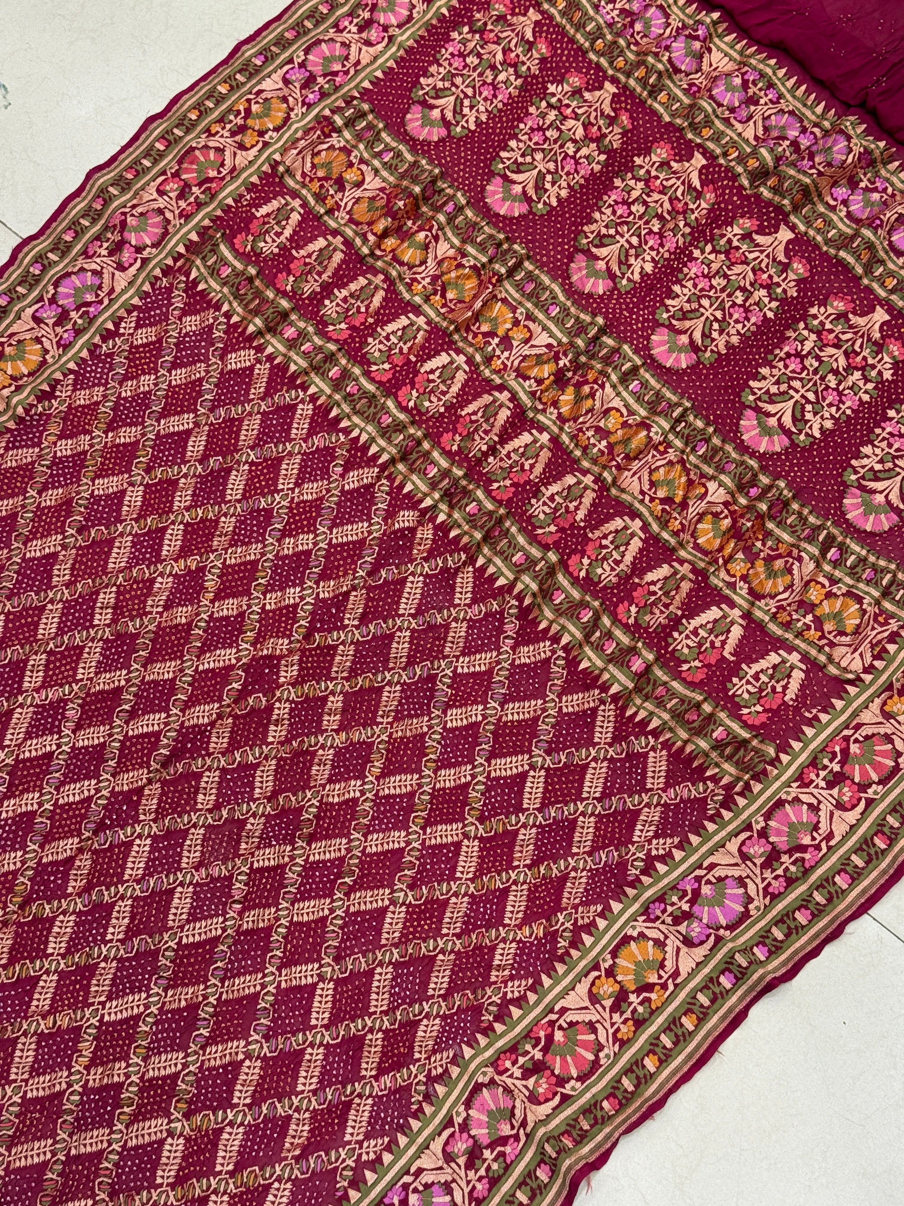 Wine Meenakari Rai Bandhej Floral Border Saree