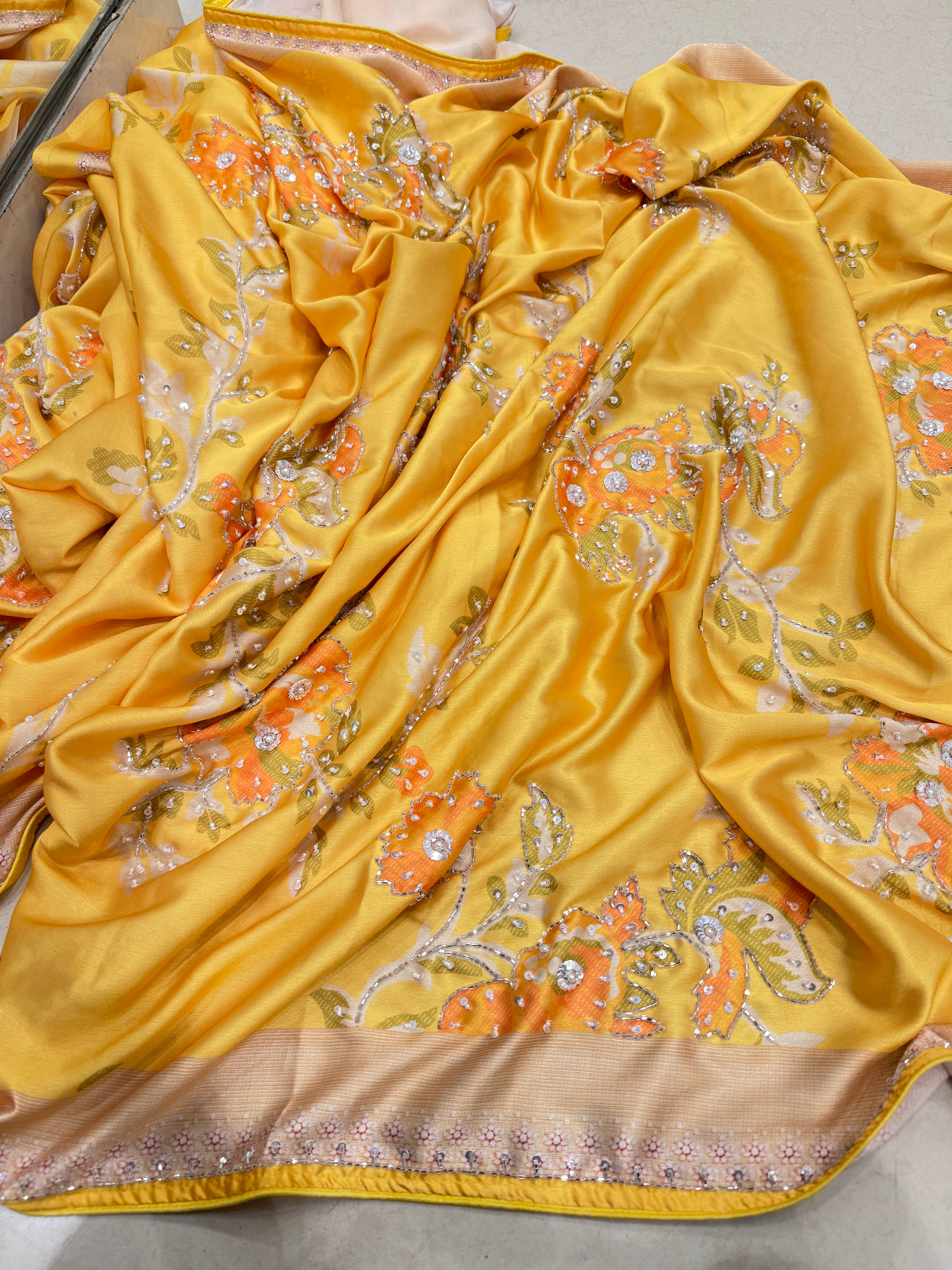 Yellow Satin Floral Print Hand Embroidery Saree