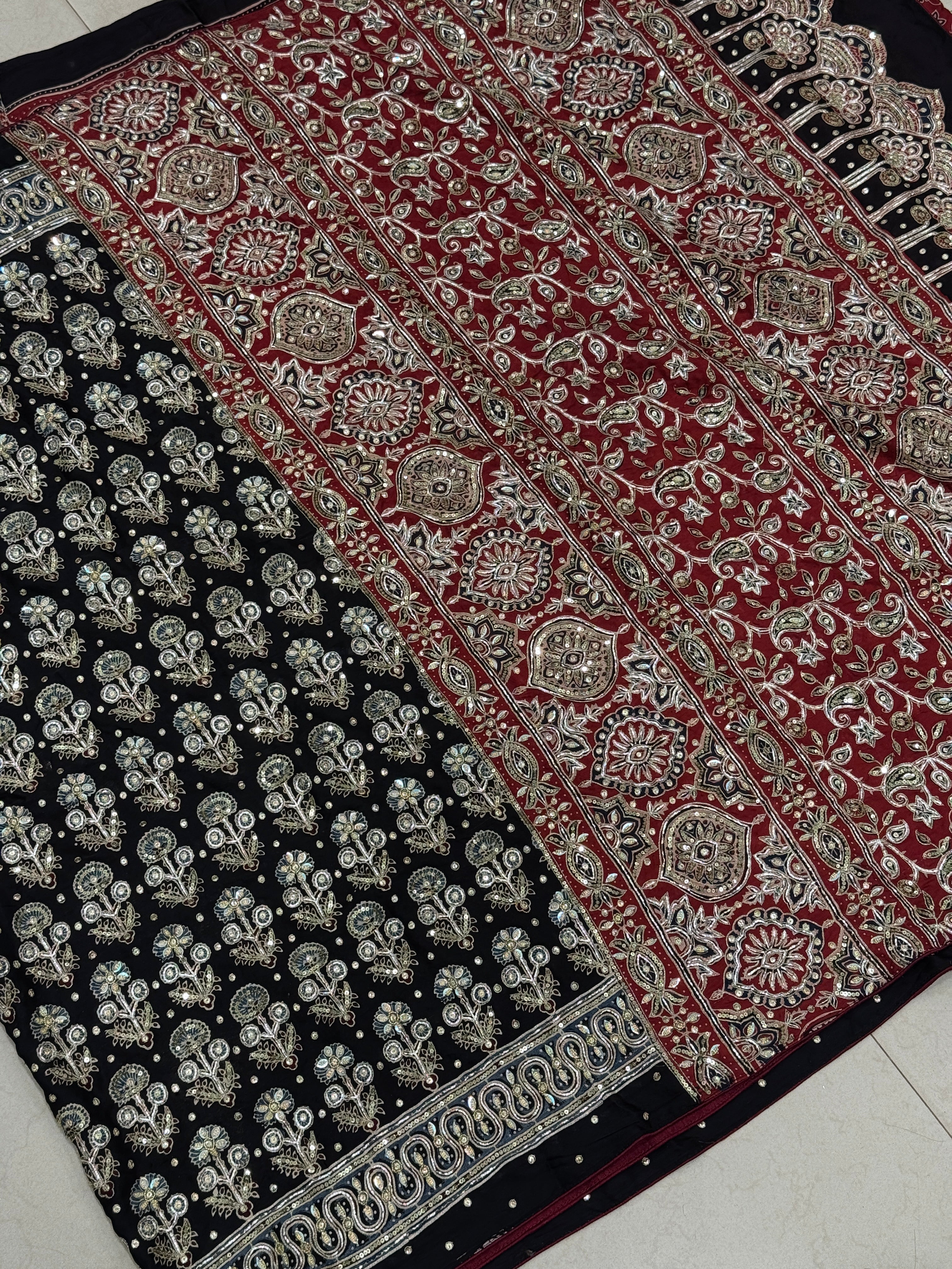 Black Floral Buttas Ajrakh Hand Embroidery Saree