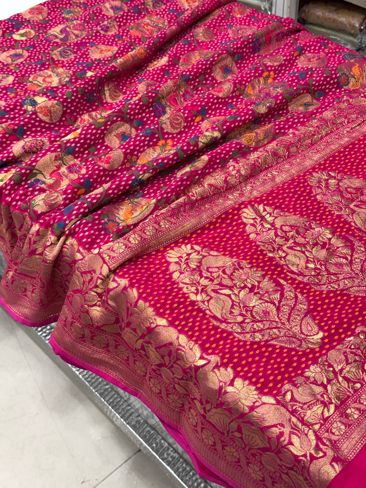 Rani Chandra Mor Meenakari Woven Bandhej Saree