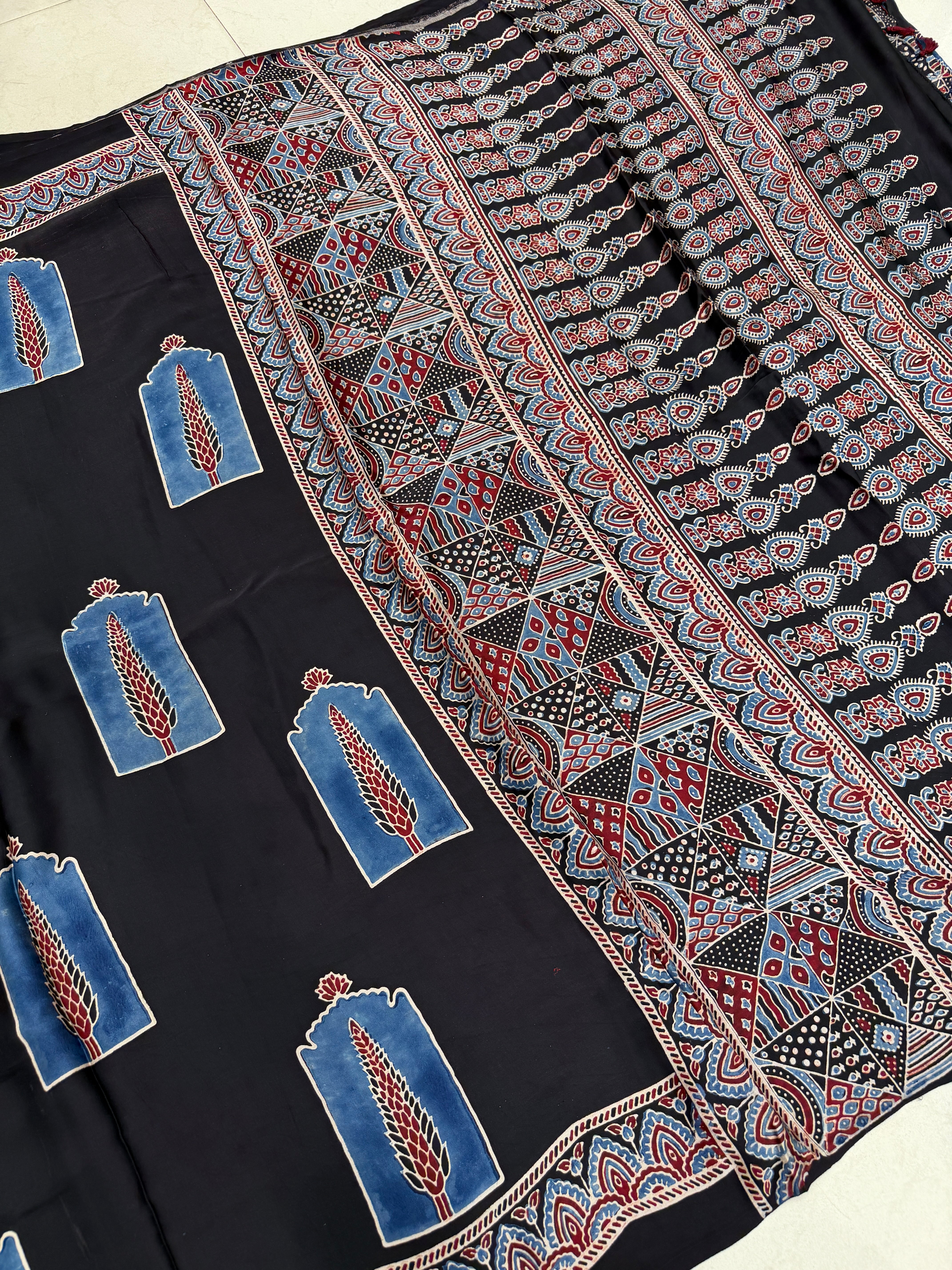 Black Contemporary Buttas Ajrakh Hand Block Print Pure Gajji Silk Saree