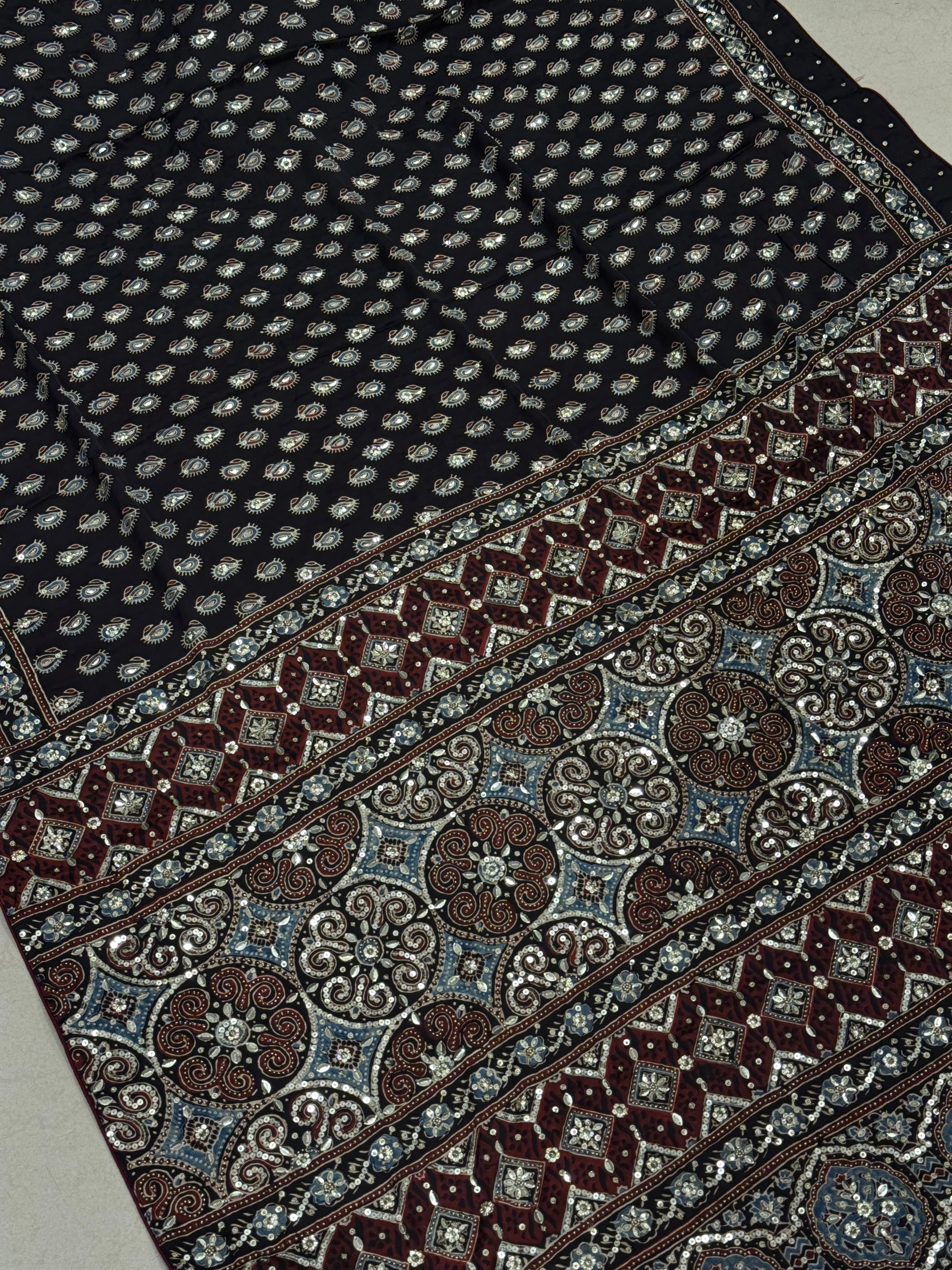 Black Buttis Ajrakh Hand Embroidery Sequin Saree