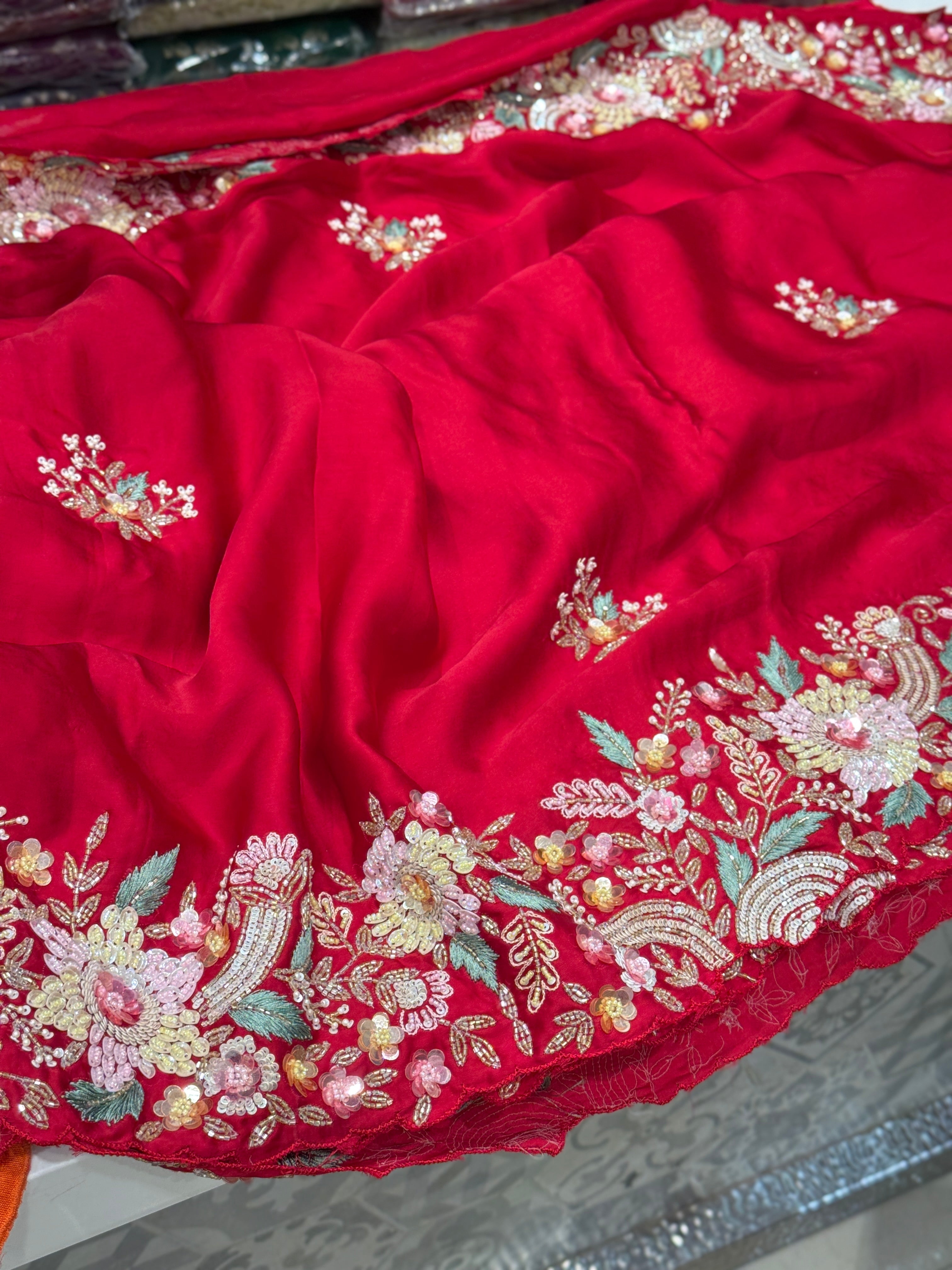 Red Satin Multi Colour Sequin Hand Embroidery Saree