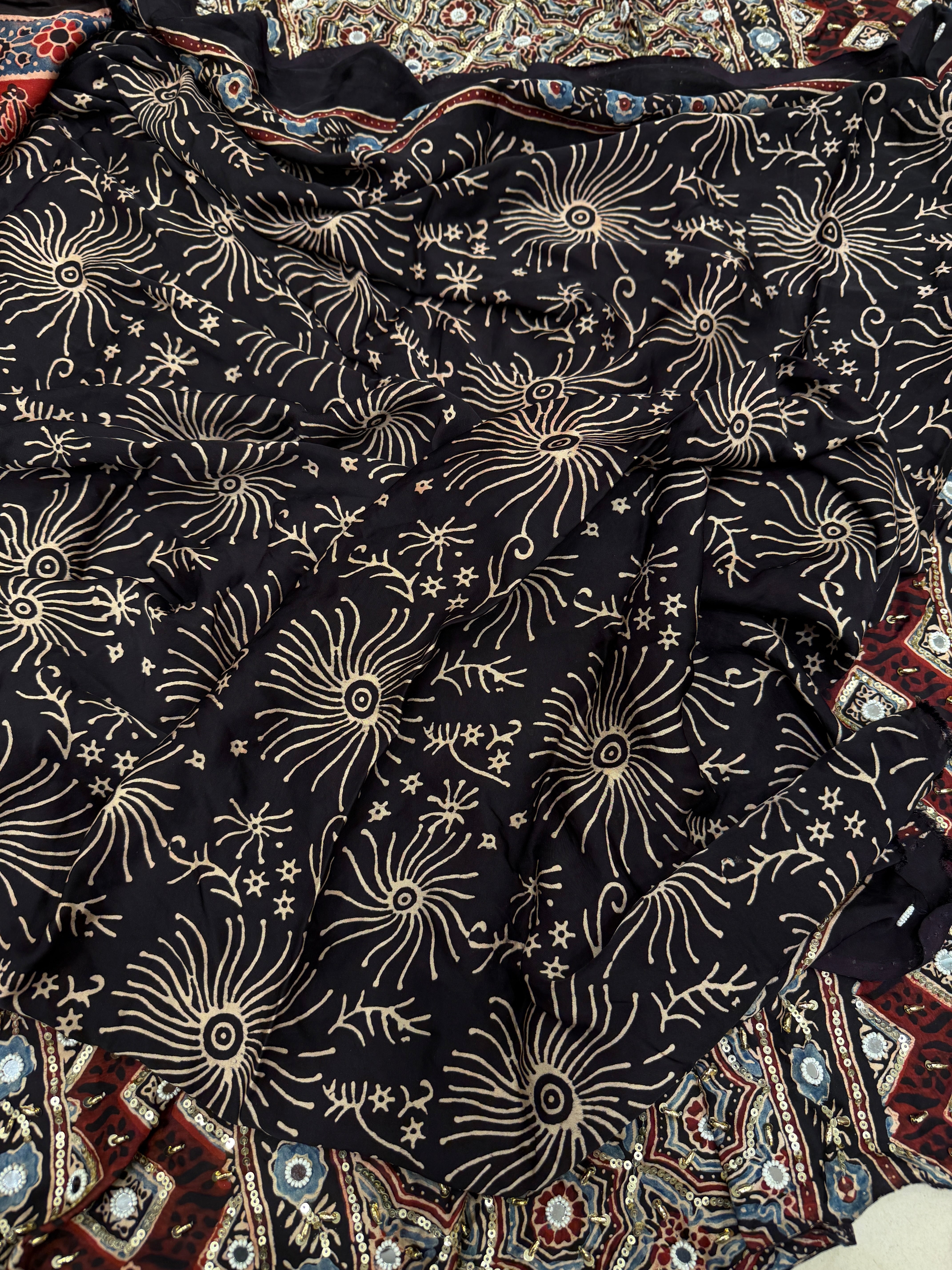 Red Black Three Floral Buttas Ajrakh Real Mirror Moti Sequin Hand Embroidery Saree