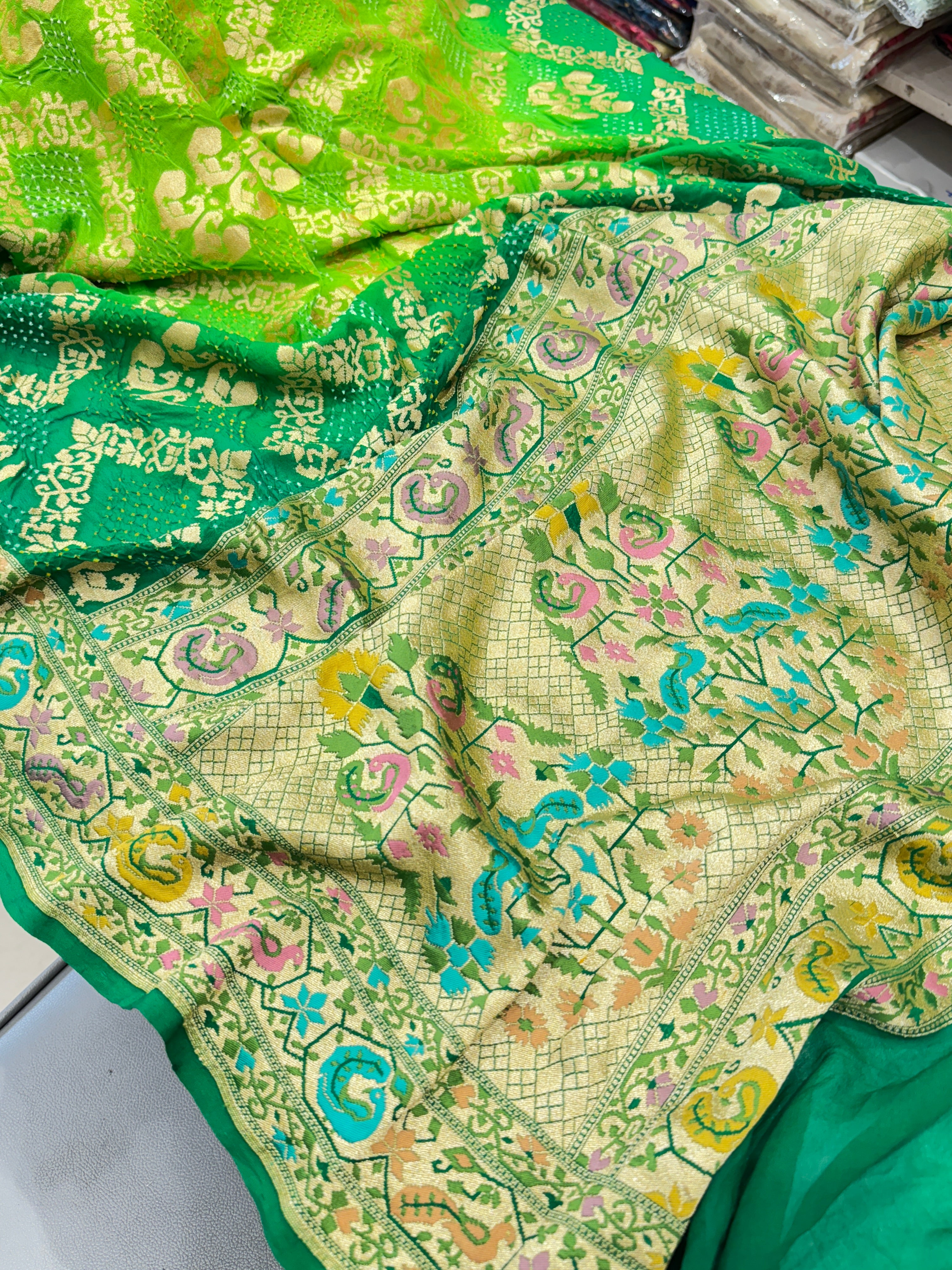 Green Shaded Luxury Bandhej Meenakari Saree