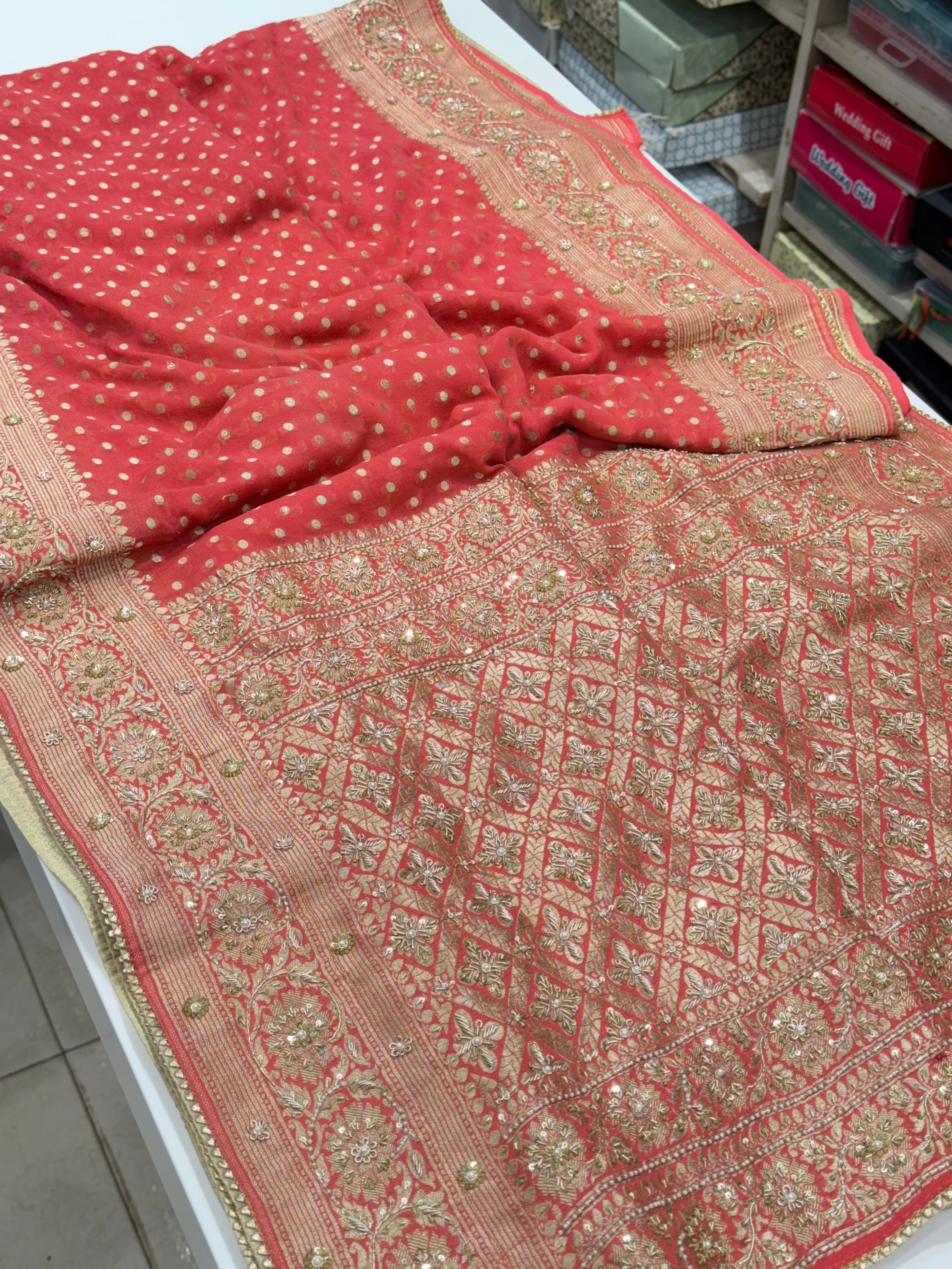 Peach Banarasi Khaddi Georgette Zardosi Embroidery Saree