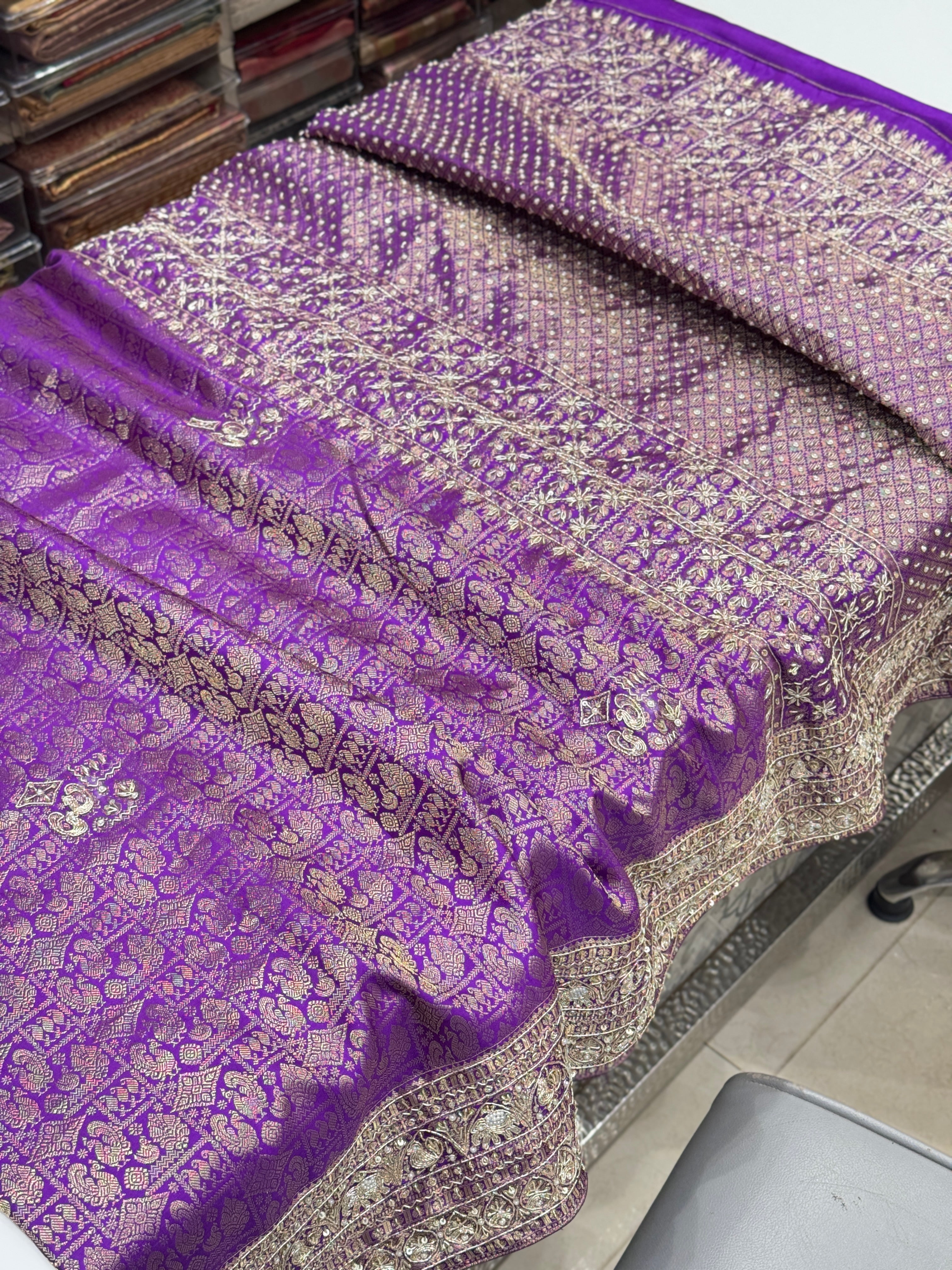 Violet Kanjivaram Peacock Motif Zardozi Hand Embroidery Saree