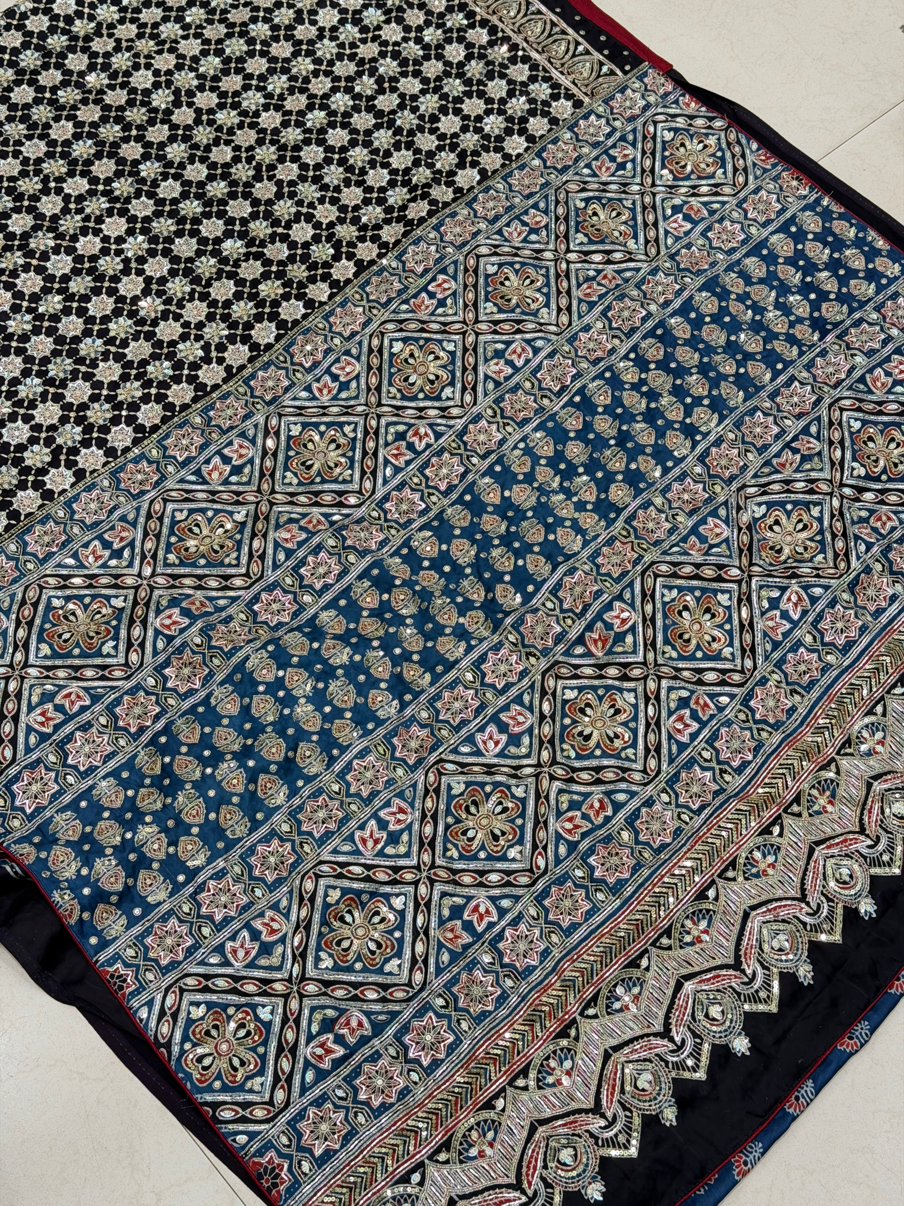 Black Floral Jaal Pita Sequin Ajrakh Hand Embroidery Saree