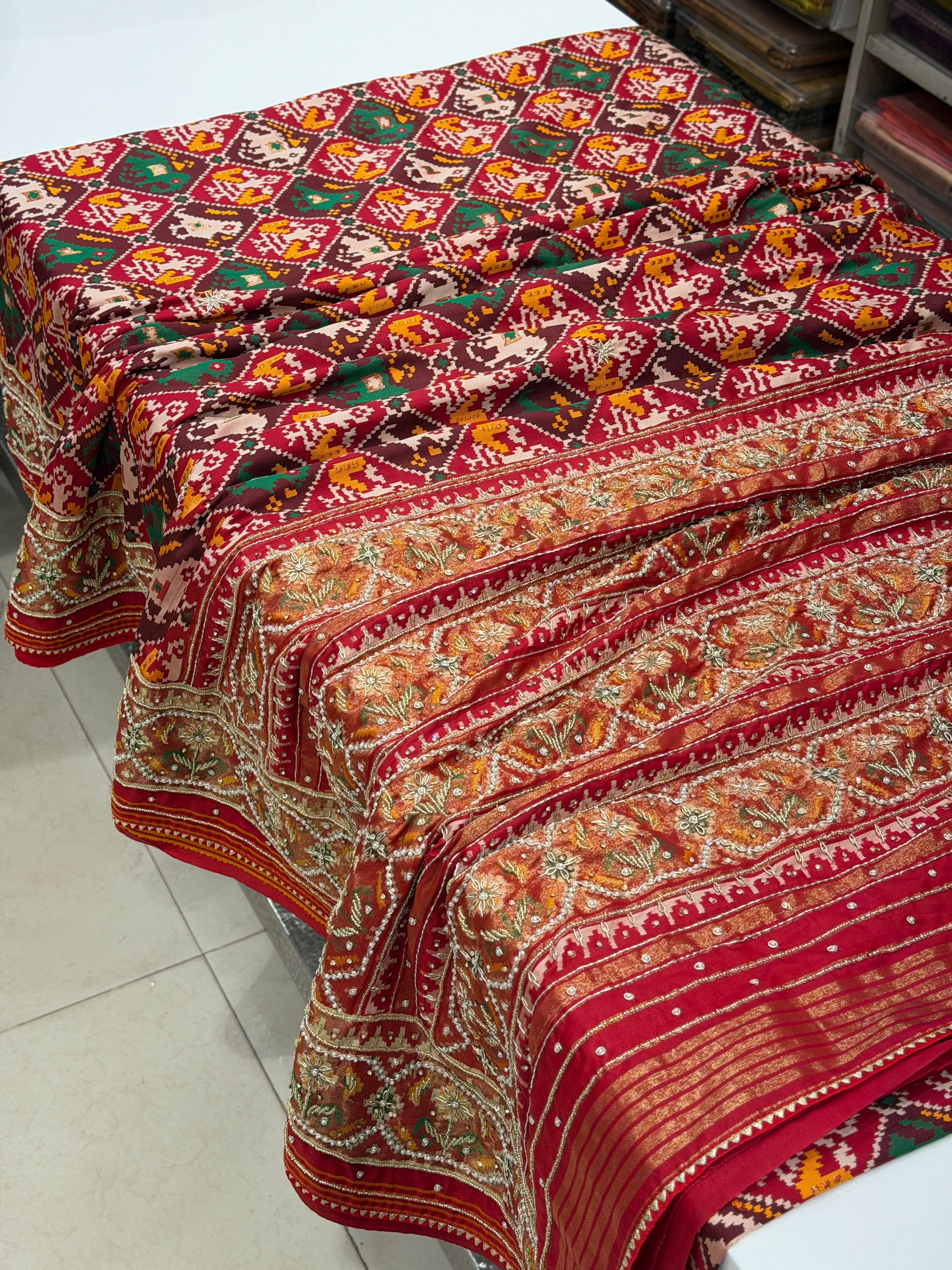 Maroon Patola Check Hand Embroidery Saree