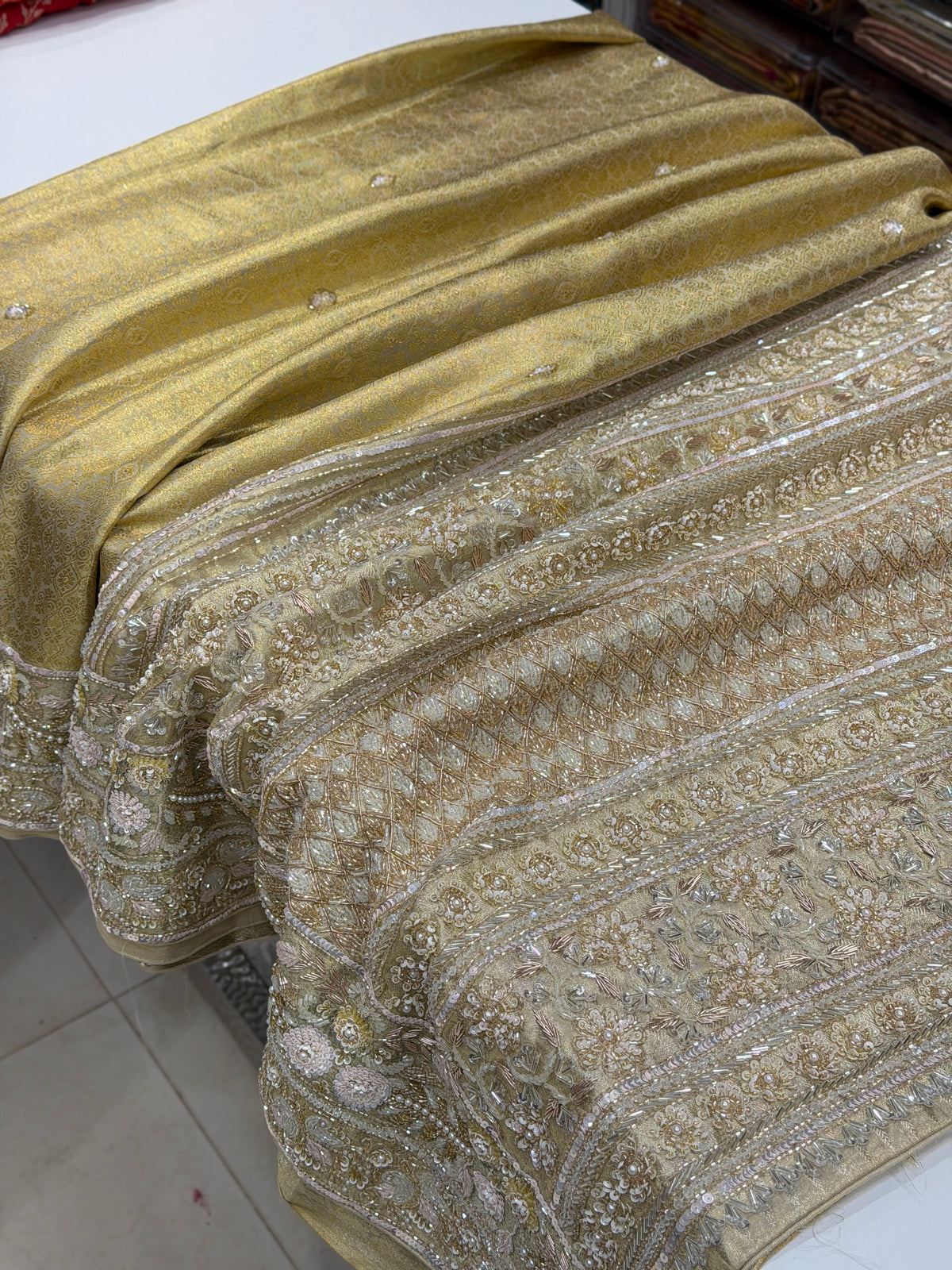 Golden Kanjivaram Moti Zardosi Hand Embroidery Saree