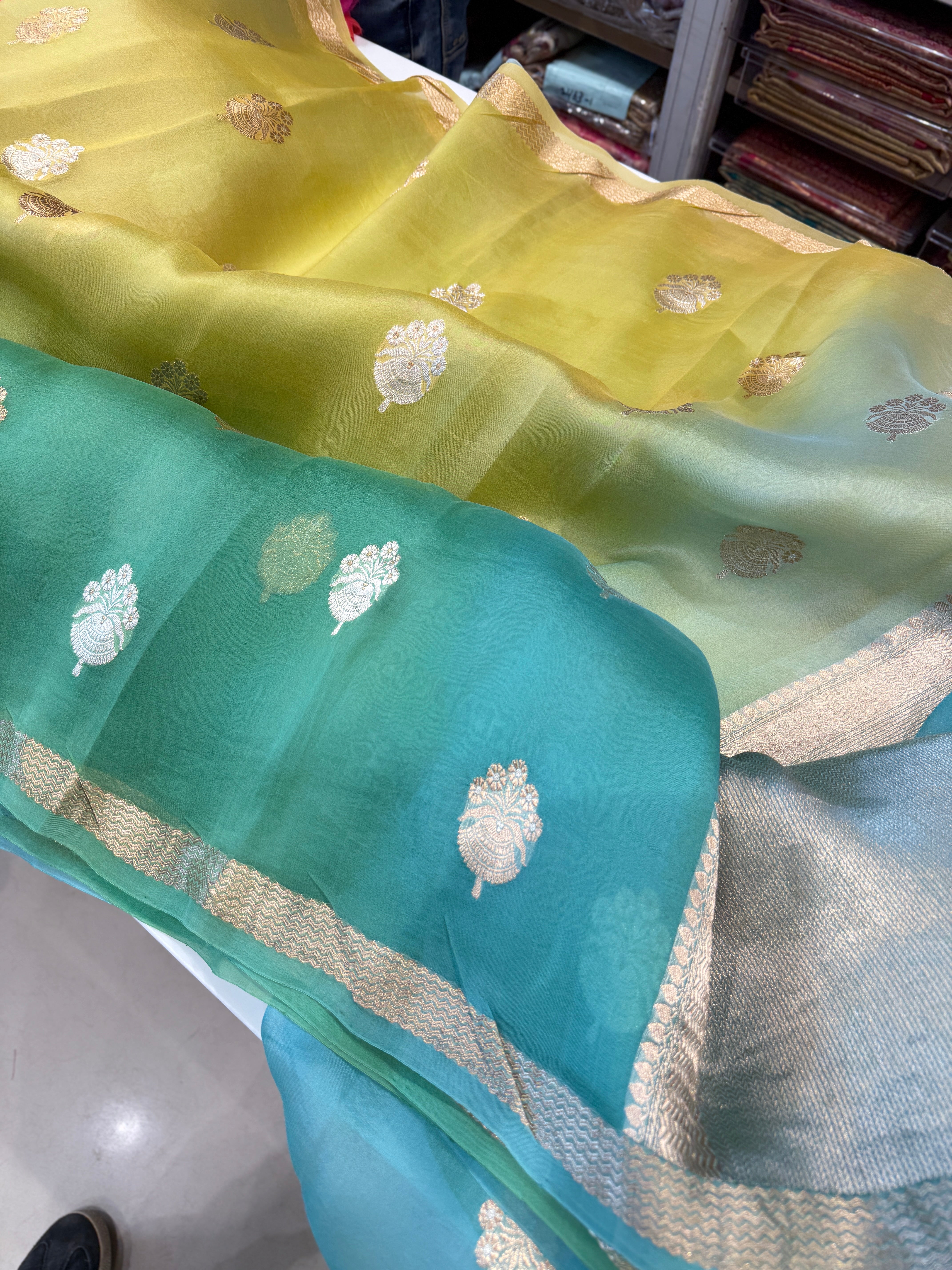 Green Shaded Banarasi Kora Handloom Saree