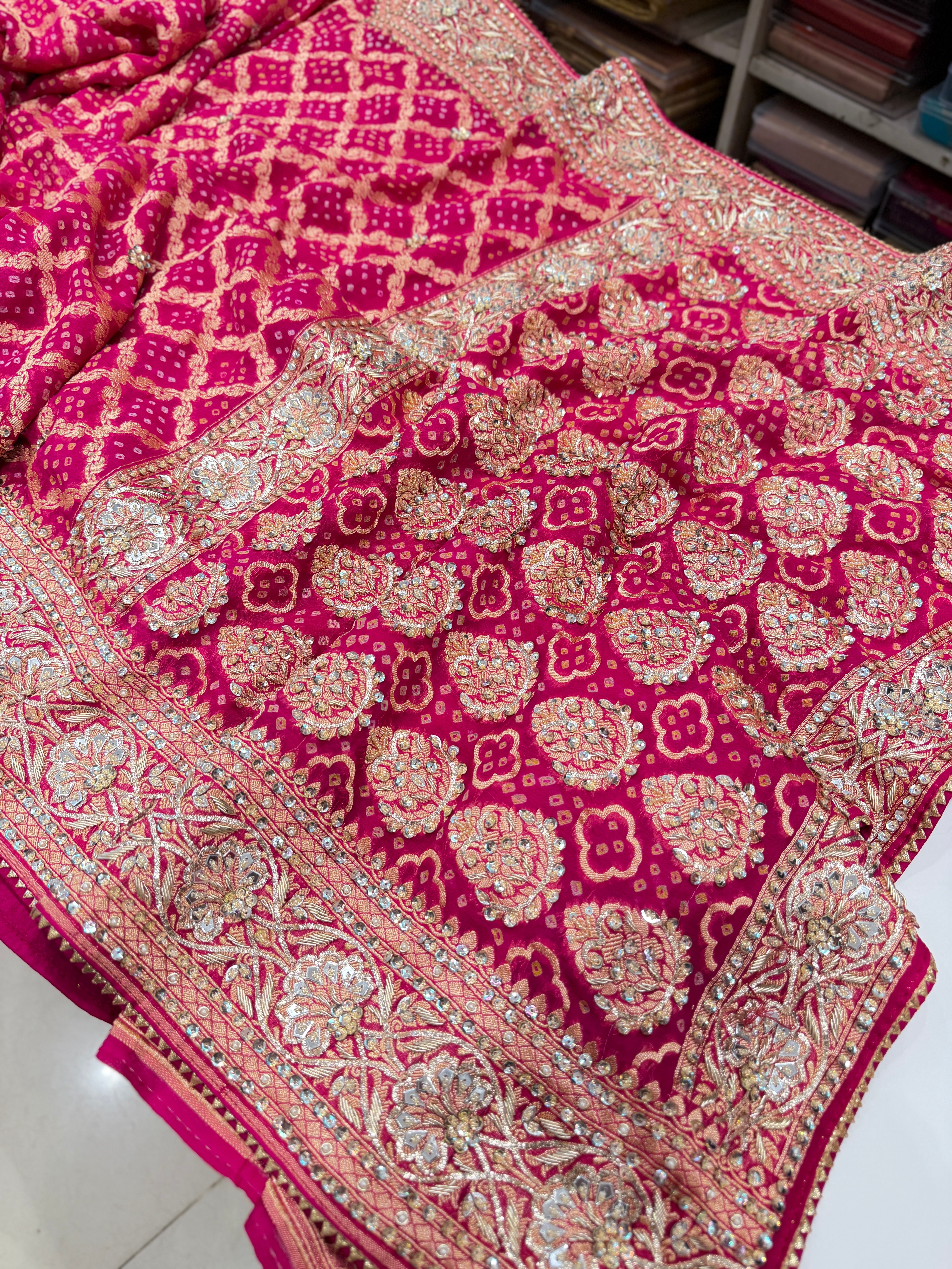 Rani Pink Bandhej Zardosi Pita Hand Embroidery Saree