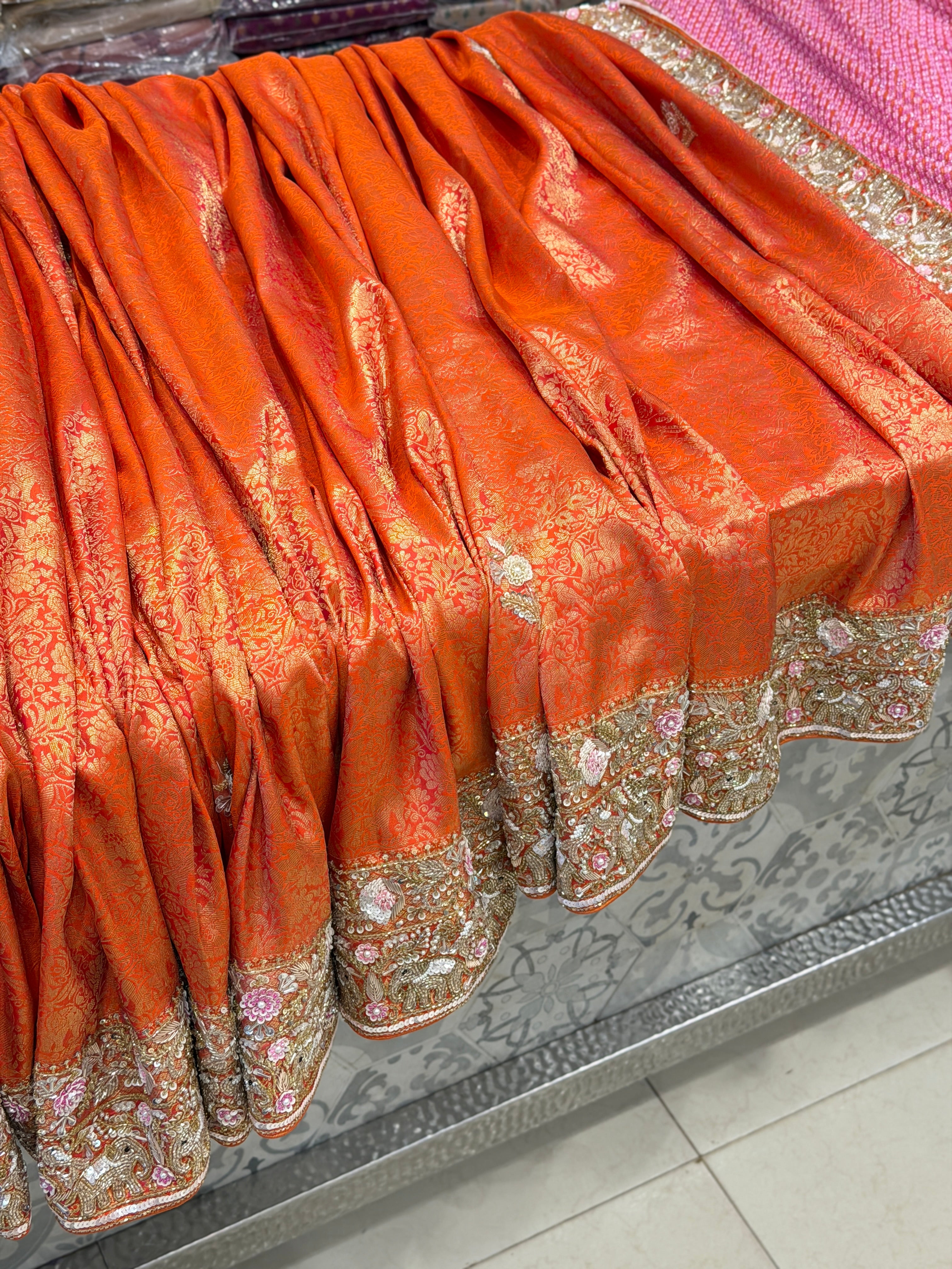 Orange Kanjivaram Elephant Motif Zardosi Moti Hand Embroidery Saree