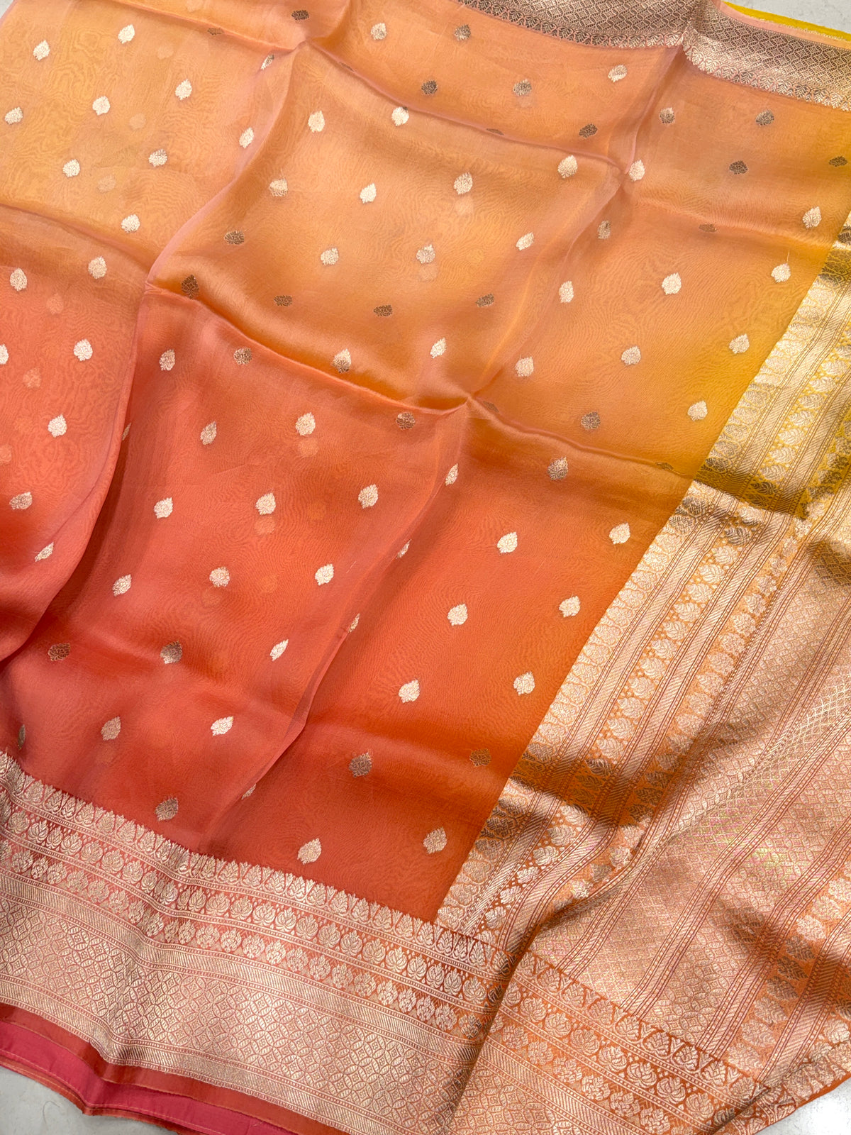 Orange Shaded Handloom Banarasi Kora Buttis Saree