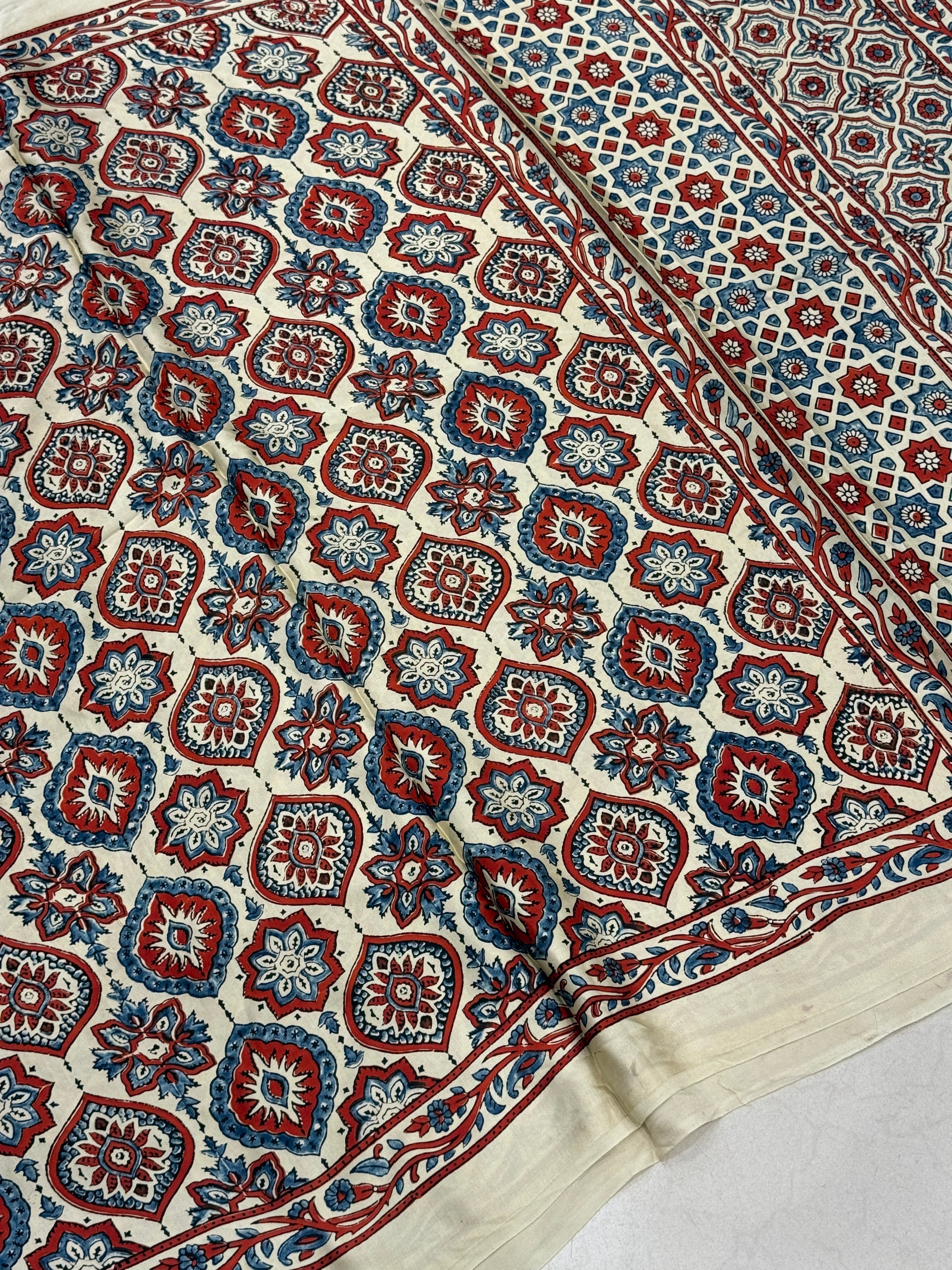White Badam Buttas Jaal Ajrakh Modal Gajji Silk Saree