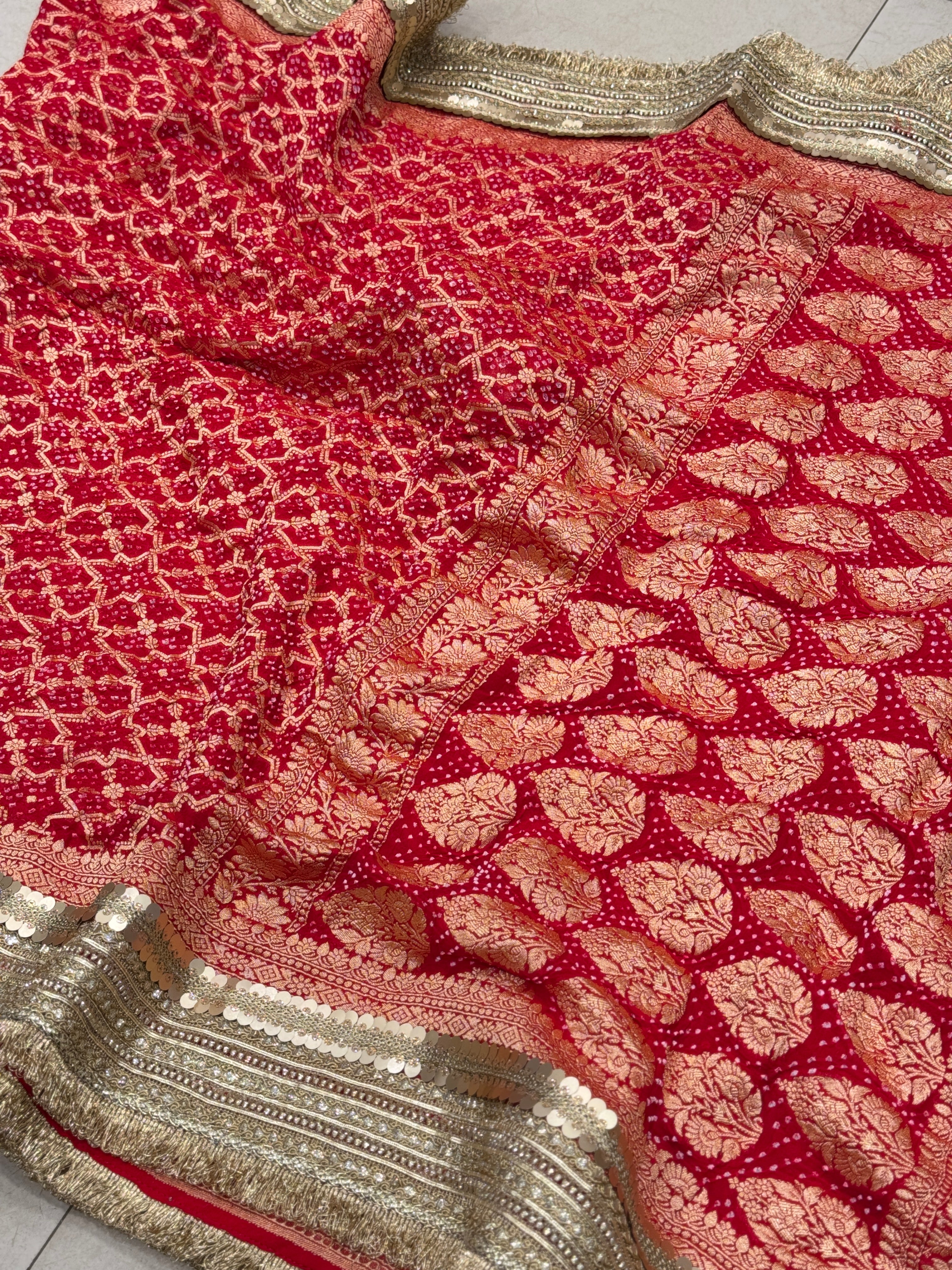 Red Bandhej Maharani Style Saree