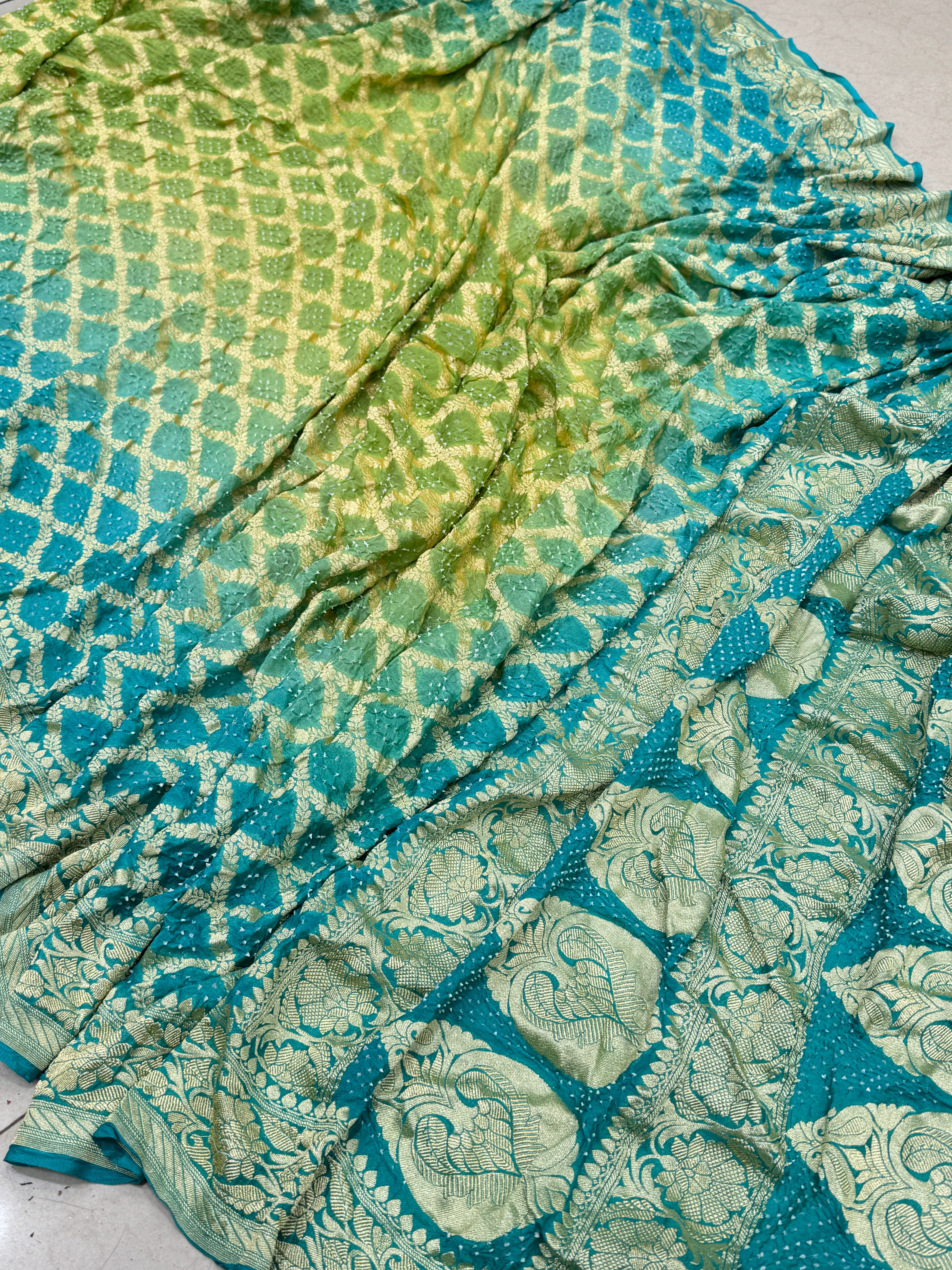 Shaded Green Blue Bandhej Bandhini Saree