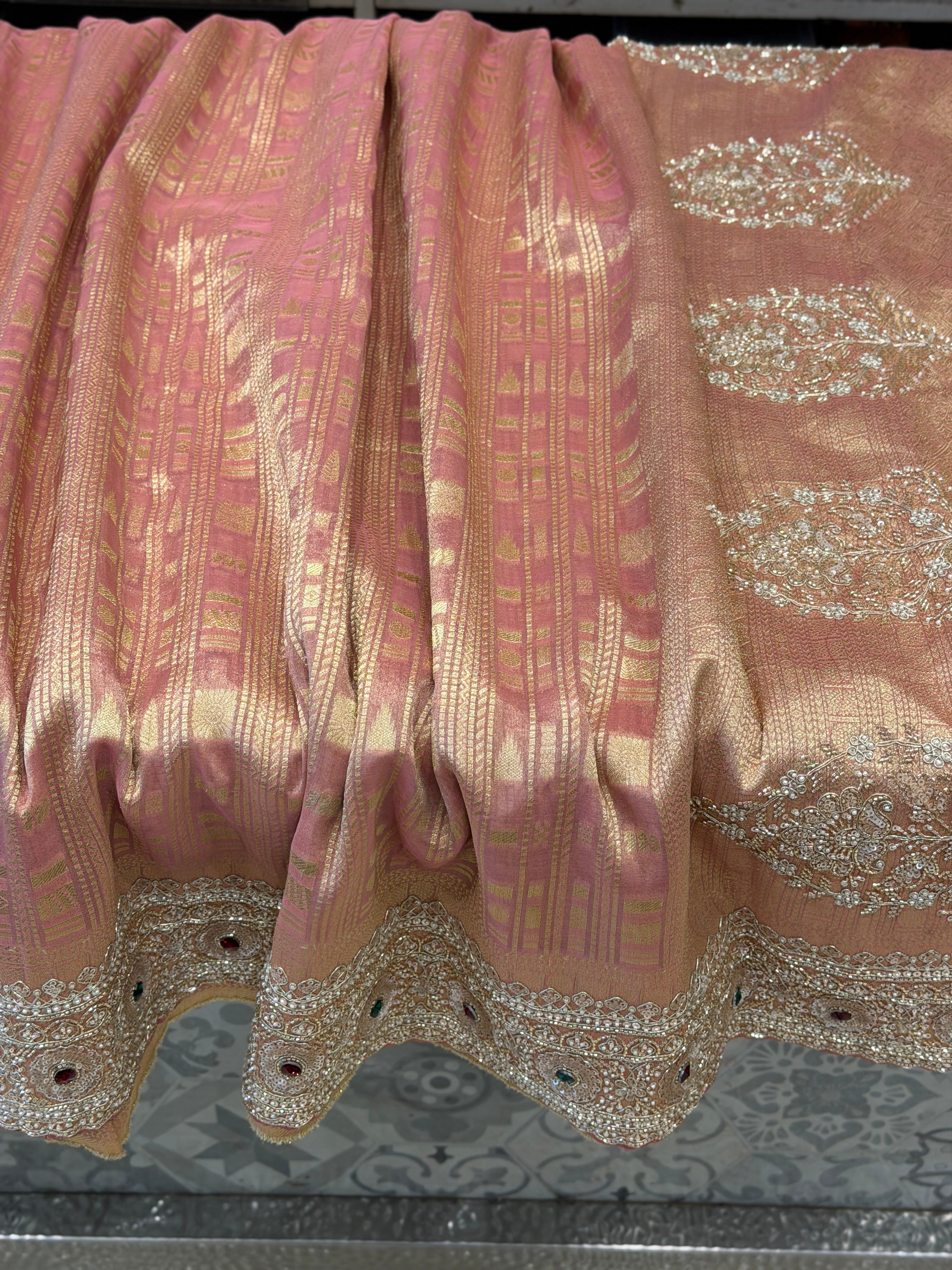 Pink Banarasi Crepe Tissue Silk Contemporary Weave Crystal Embroidery Saree
