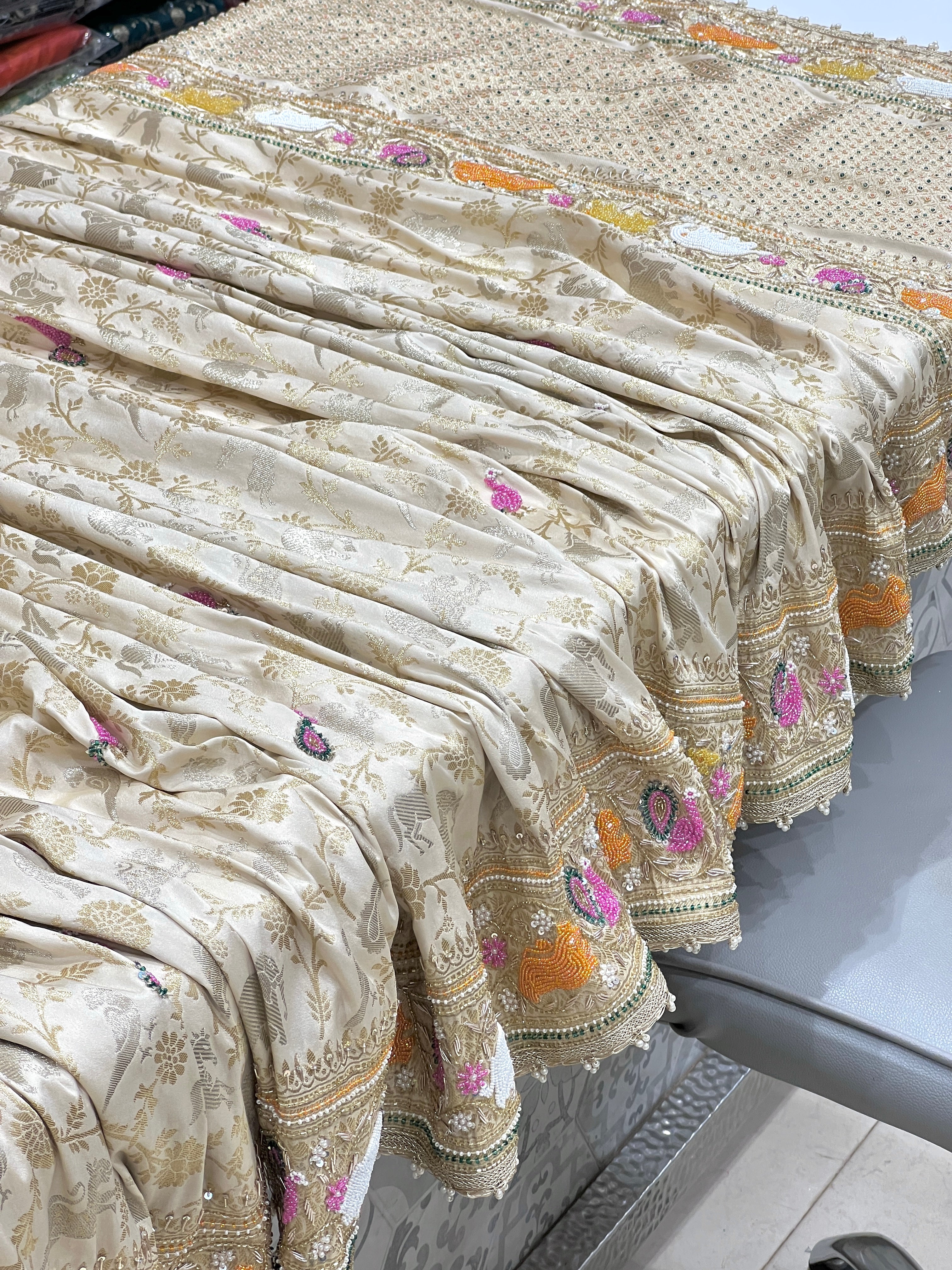 Off White Shikara Fancy Hand Embroidery Saree