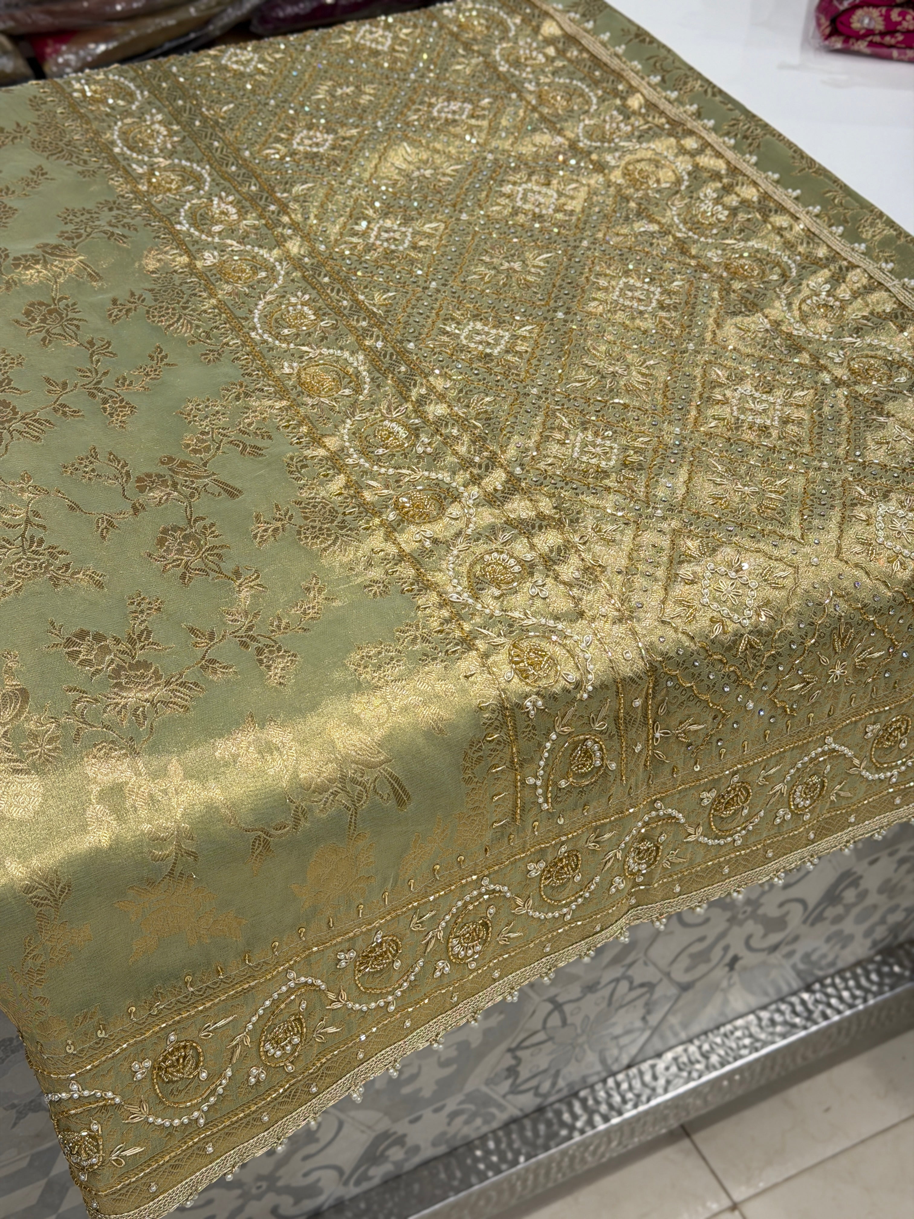 Pista Green Tissue Jaal Zardosi Moti Embroidery Saree