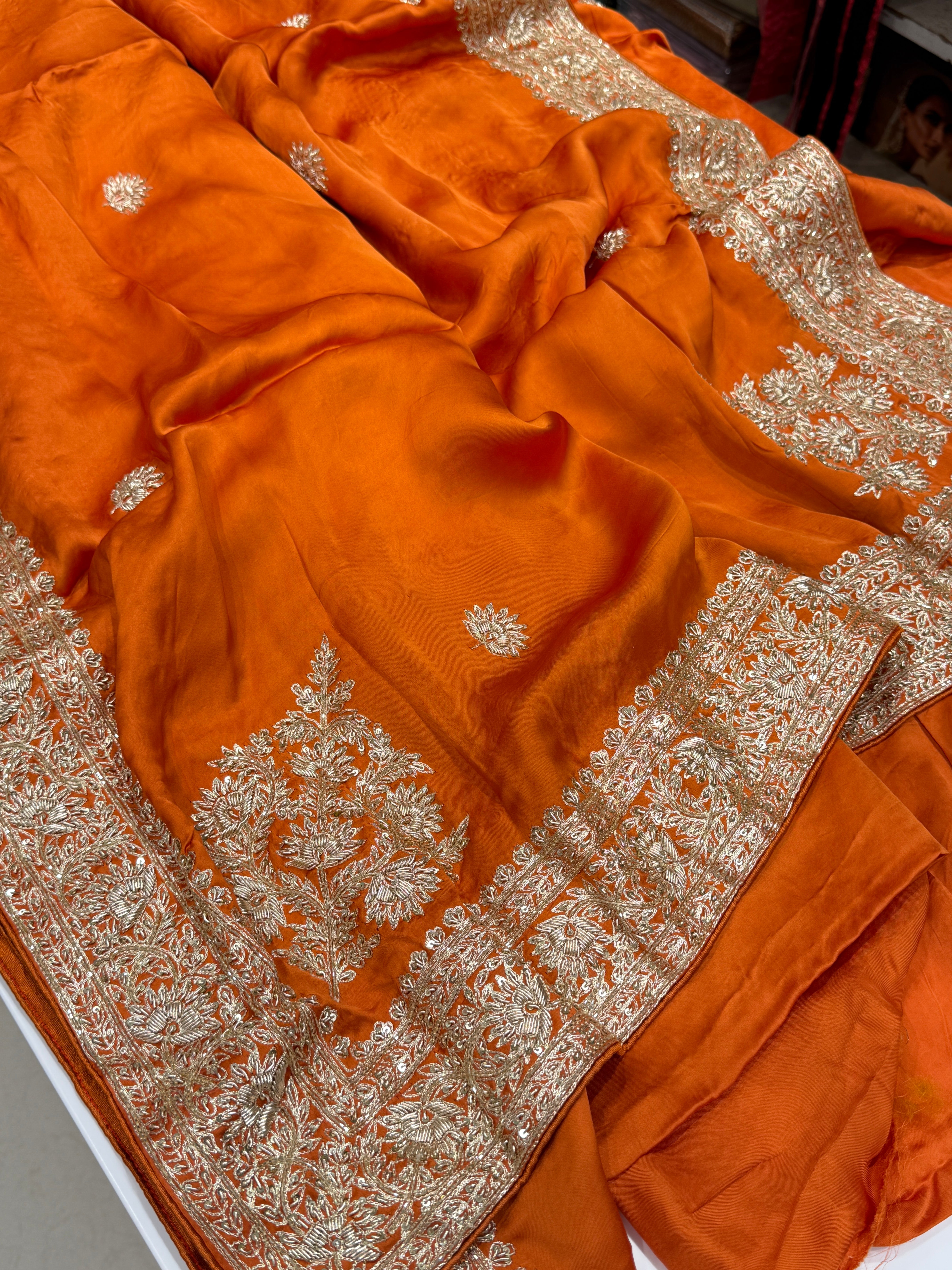Rust Orange Buttis Pure Satin Hand Embroidery Zardosi Saree