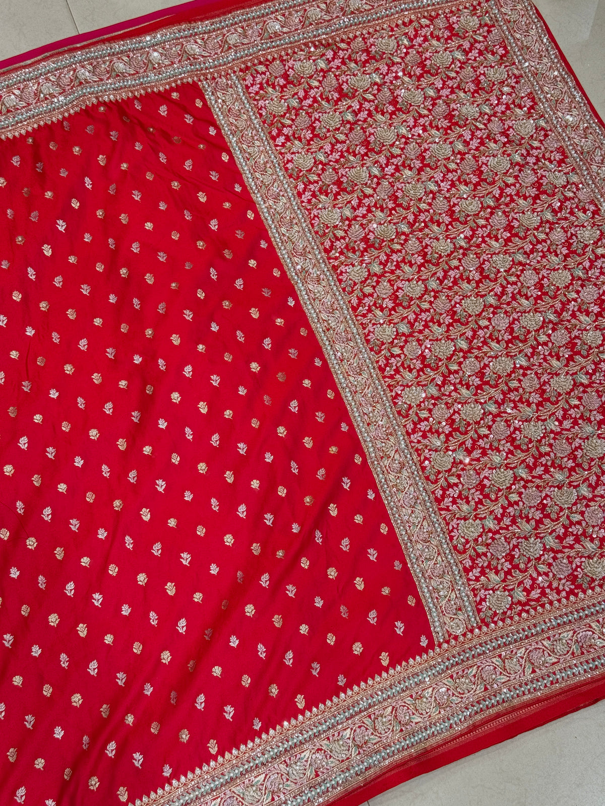 Red Banarasi Silk Sliver Golden Butti Fancy Embroidery Saree